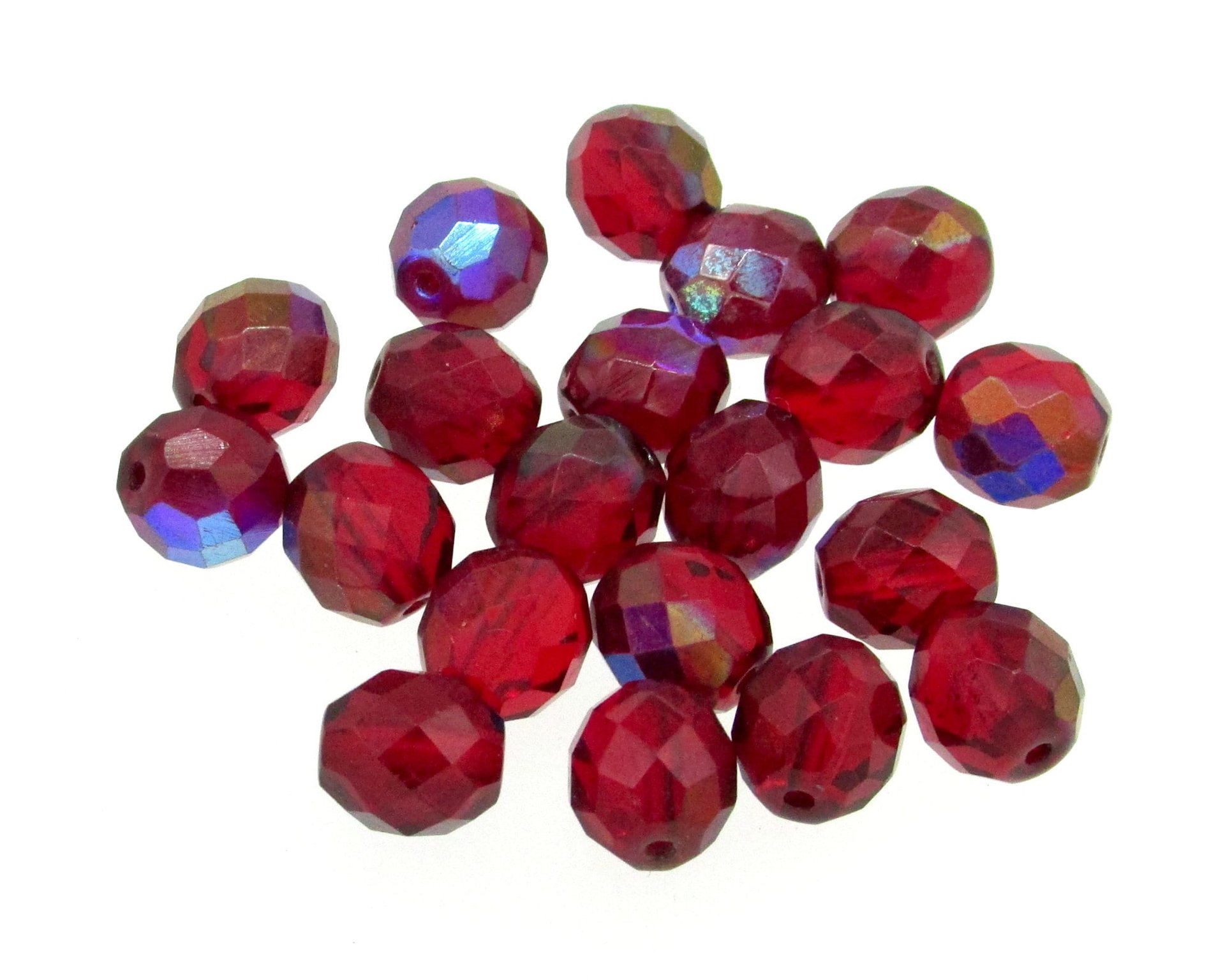 10mm Faceted Round Beads, Translucent Red Czech Fire Polished Glass Spacers, Bright Siam AB or Rich Garnet Shades