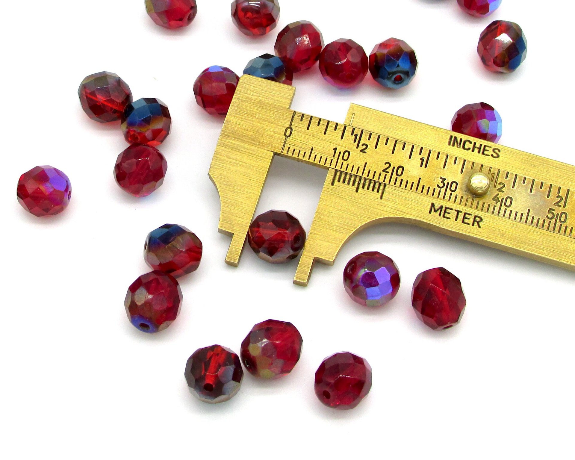 10mm Faceted Round Beads, Translucent Red Czech Fire Polished Glass Spacers, Bright Siam AB or Rich Garnet Shades