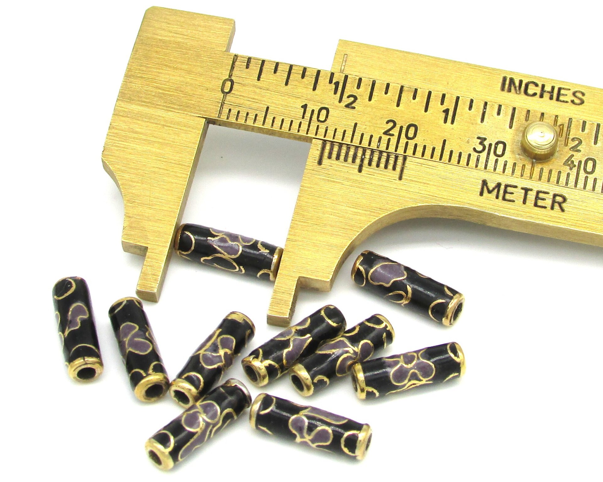 12x4mm Tube Beads, Black Cloisonne with Lavender Flowers (10)