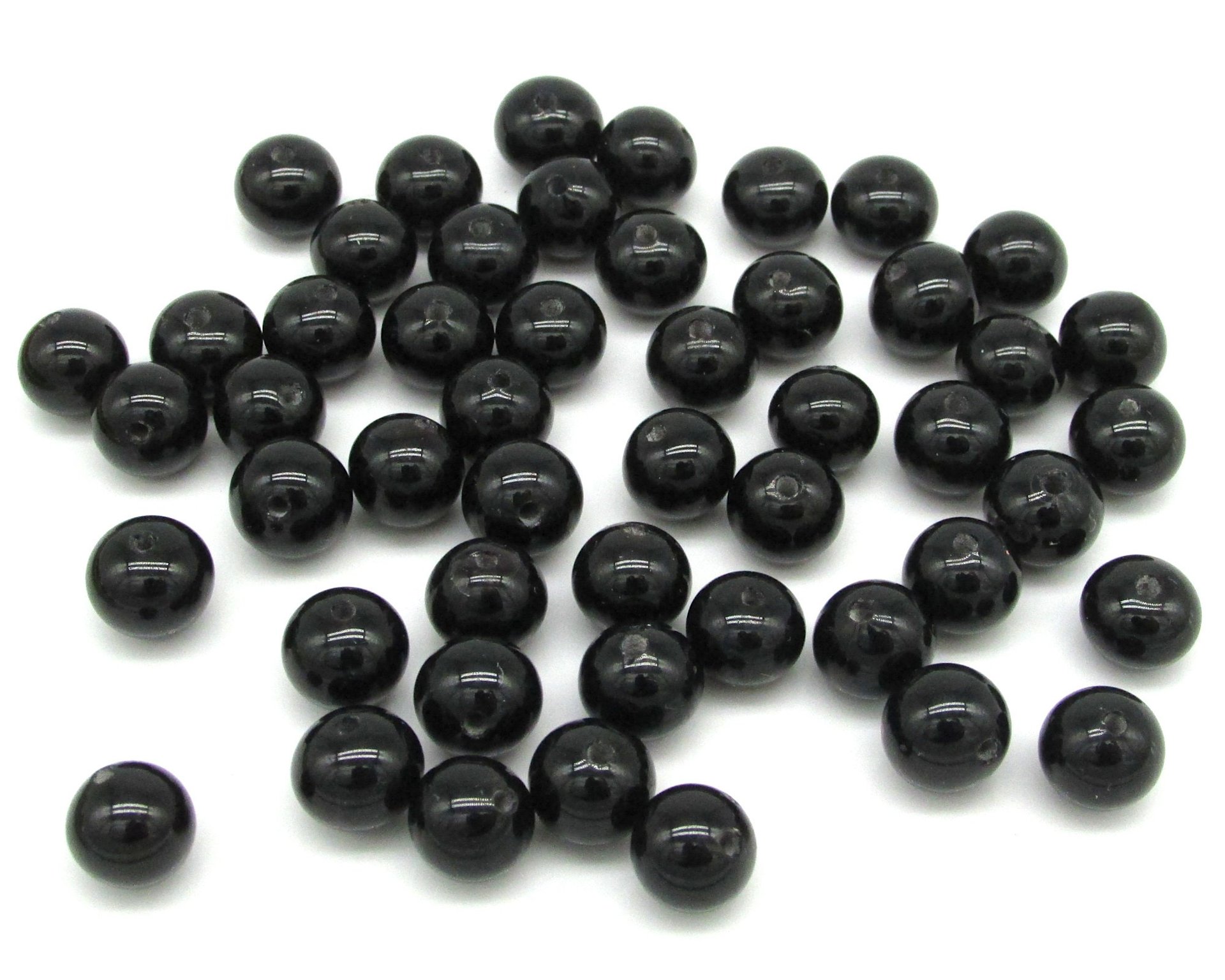 8mm Round Black Glass Beads, Glossy Opaque Jet Spacers (50)