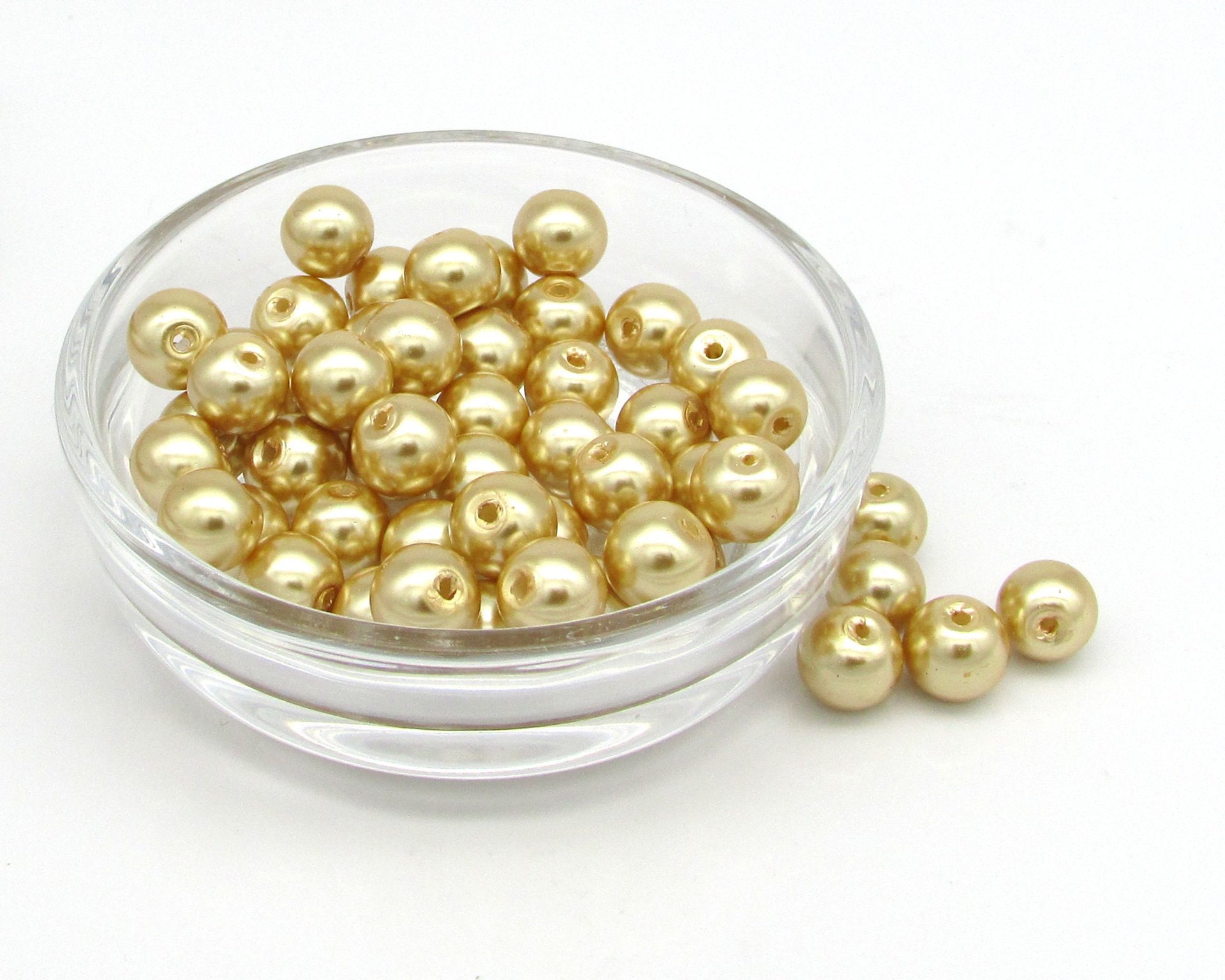 8mm Opaque Gold Rounds, Metallic Lustre Faux Pearl Coated Glass Spacers (50)