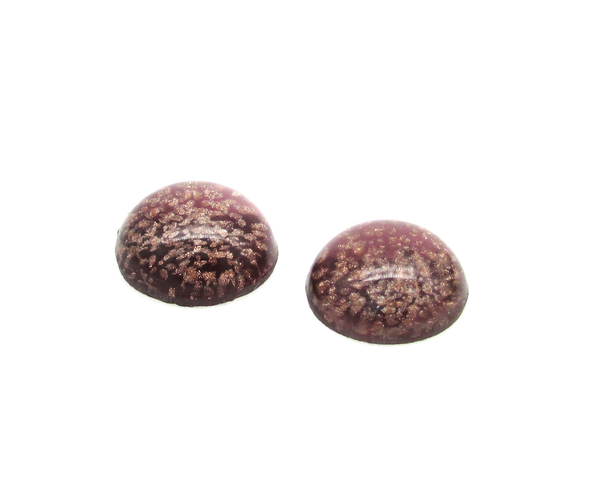 15mm Round Cabochons, Purple and Gold Lampwork Glass Stones (2)
