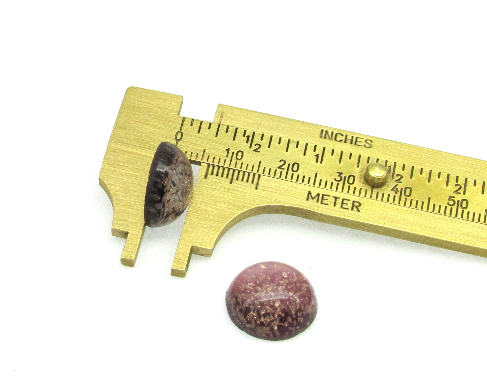 15mm Round Cabochons, Purple and Gold Lampwork Glass Stones (2)