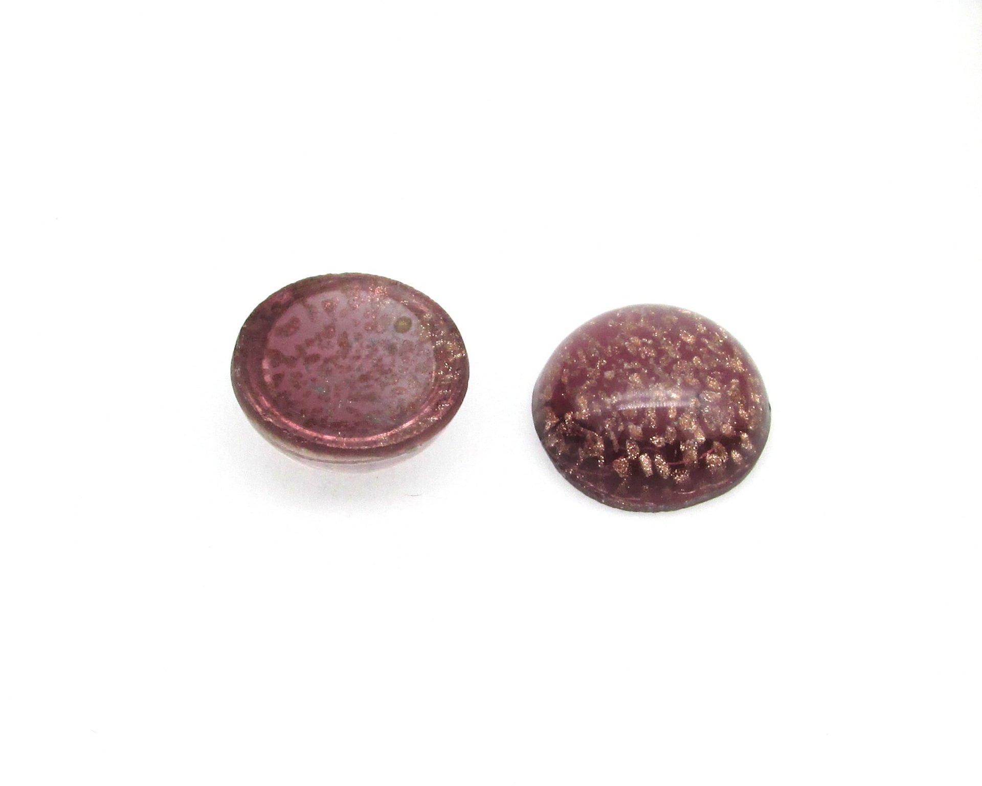 15mm Round Cabochons, Purple and Gold Lampwork Glass Stones (2)