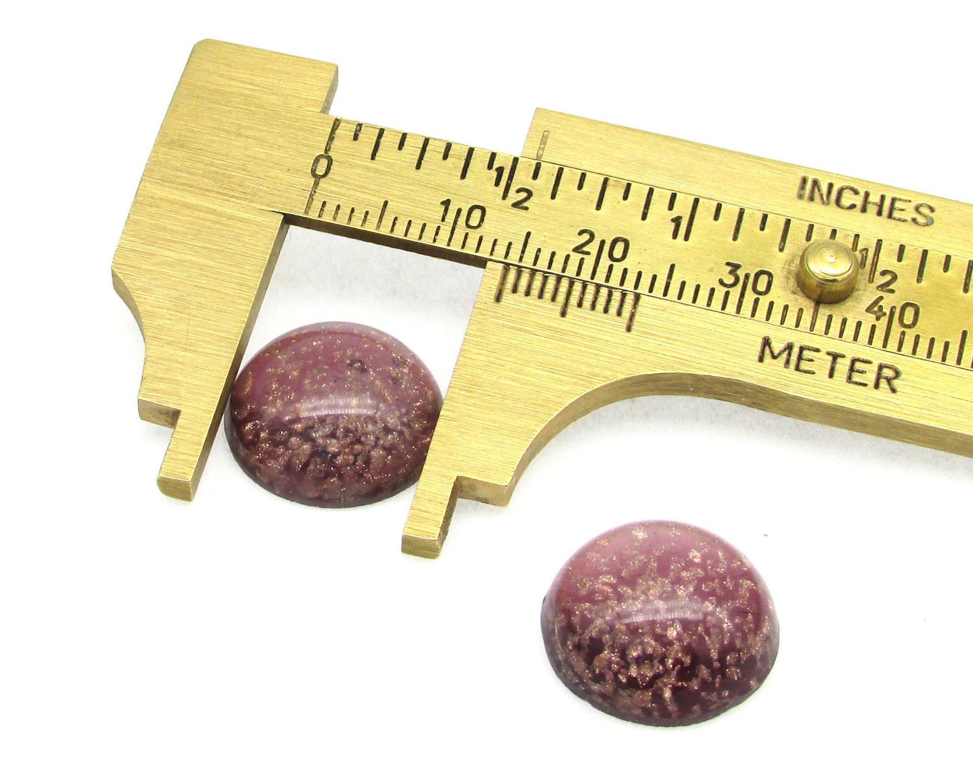15mm Round Cabochons, Purple and Gold Lampwork Glass Stones (2)