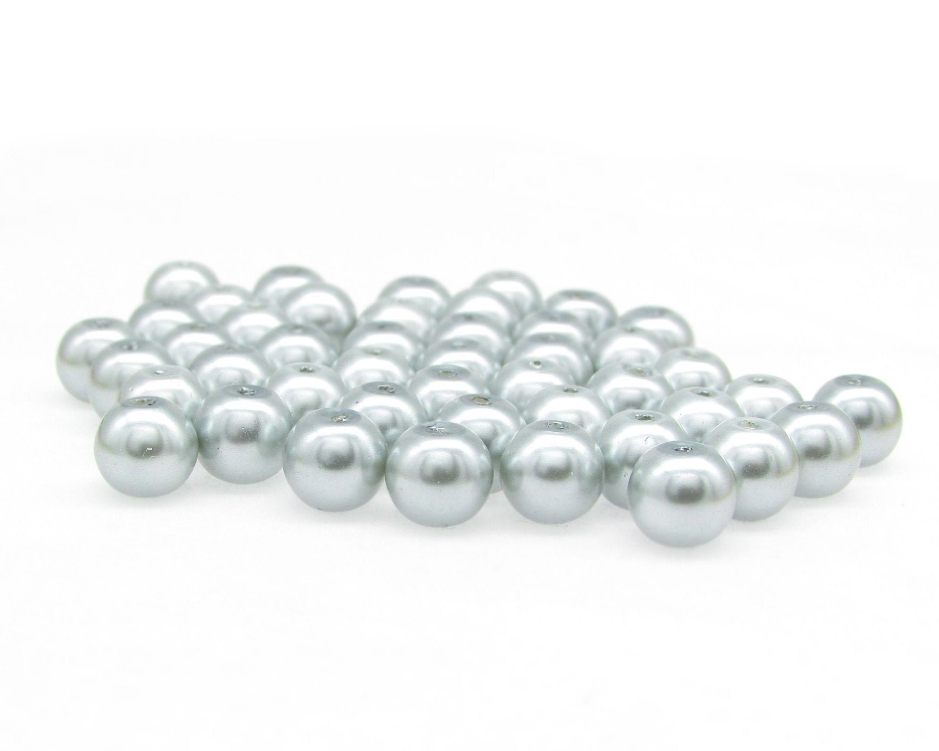 8mm Round Glass Pearls, Opaque Silver Gray Lustre Beads