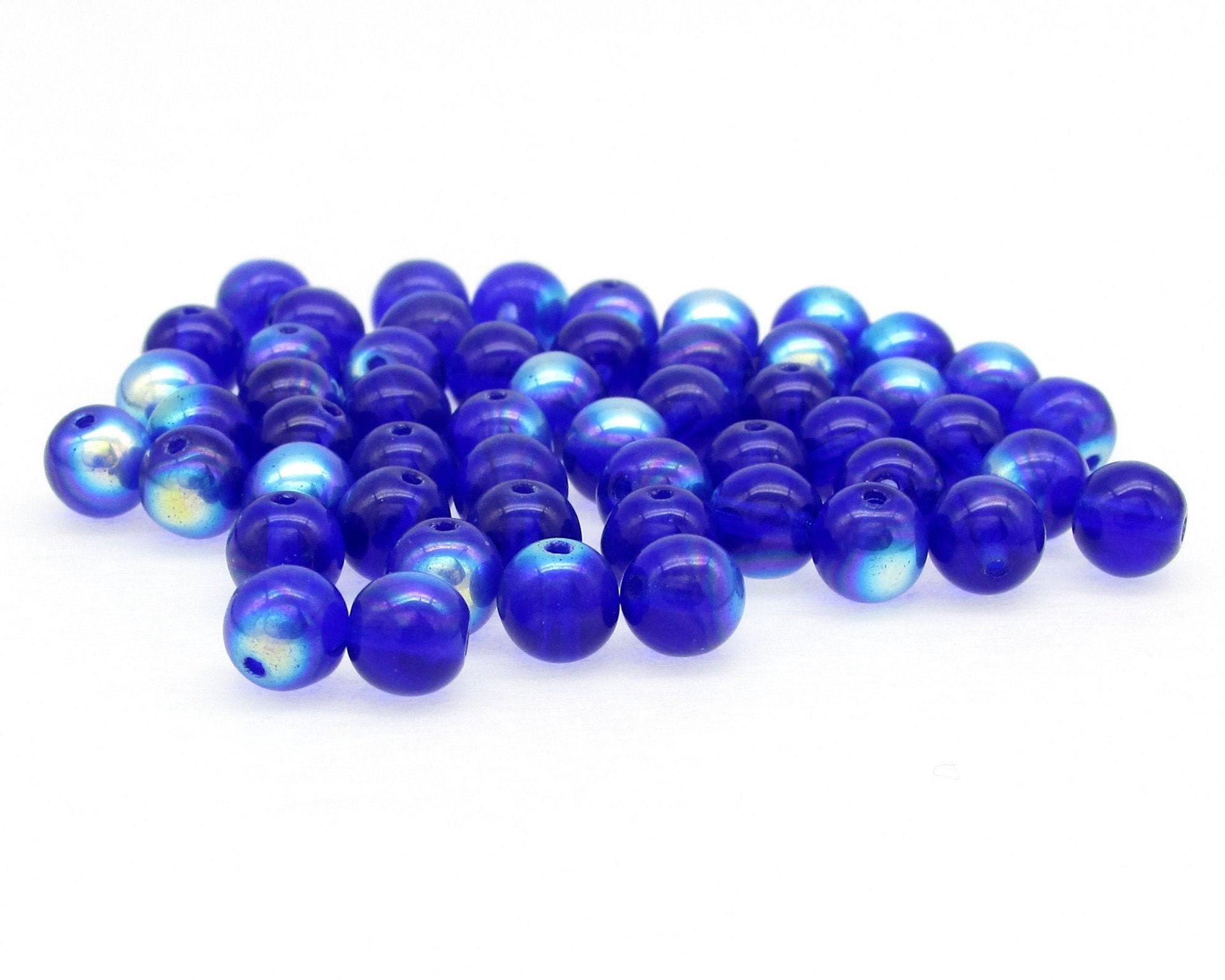 6mm Smooth Round Beads, Blue Czech Pressed Glass Spacers
