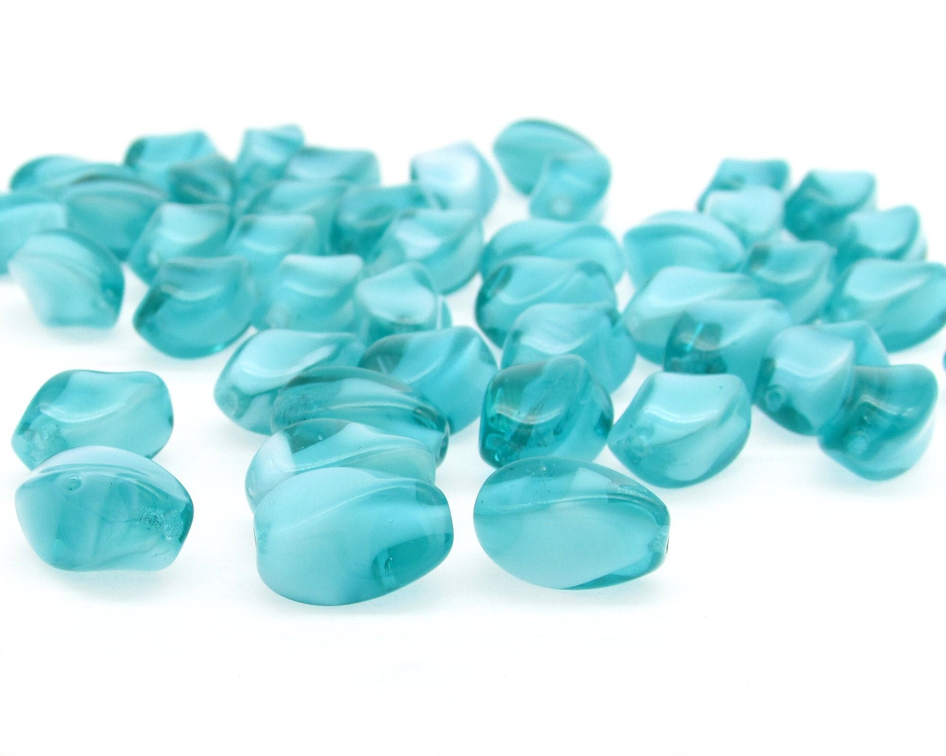 14x8mm Twisted Oval Beads, Aqua Givre Czech Pressed Glass Barrels (36)