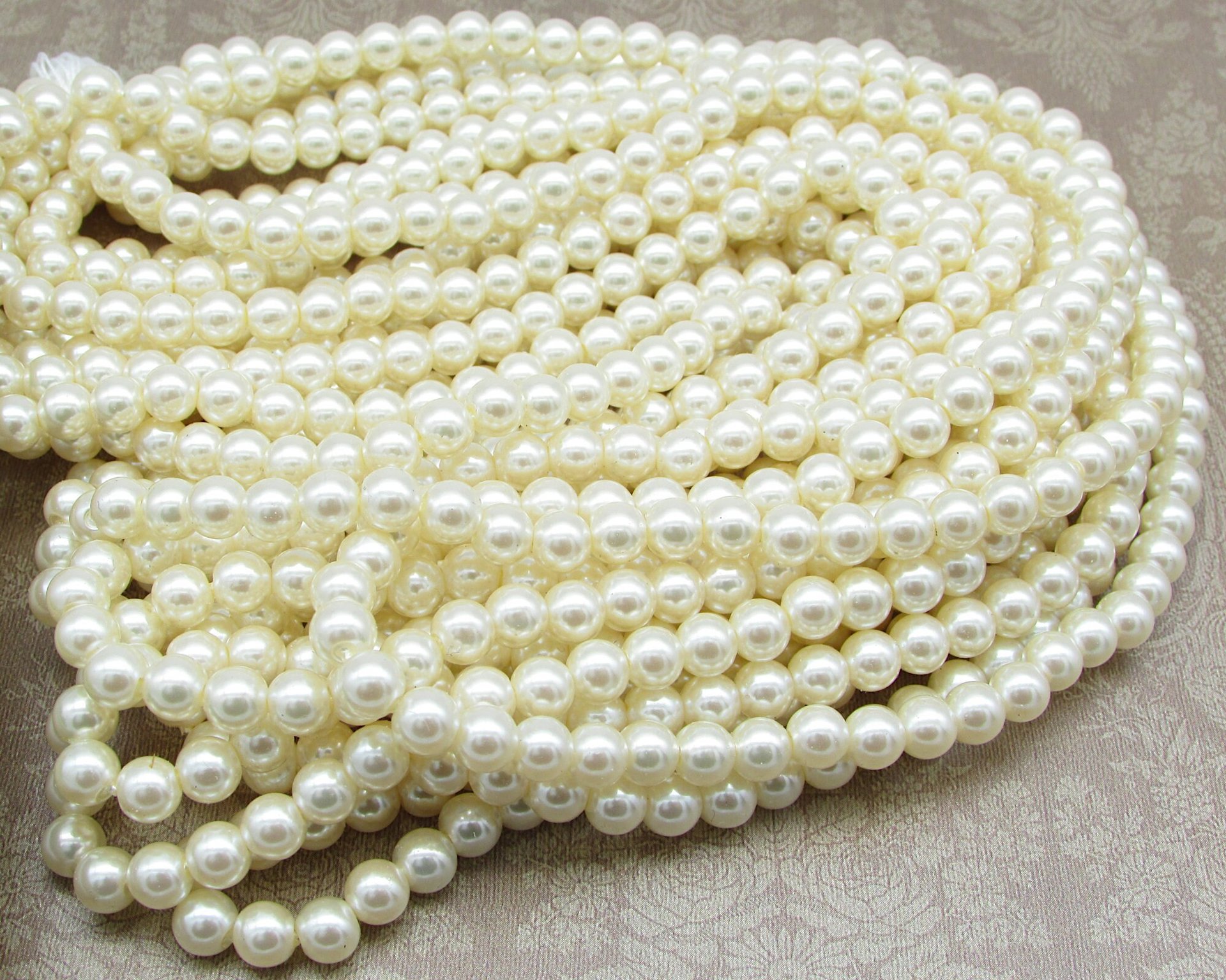 6mm Round Faux Pearls, Opaque Cream Lustre Vintage Plastic Beads (100)