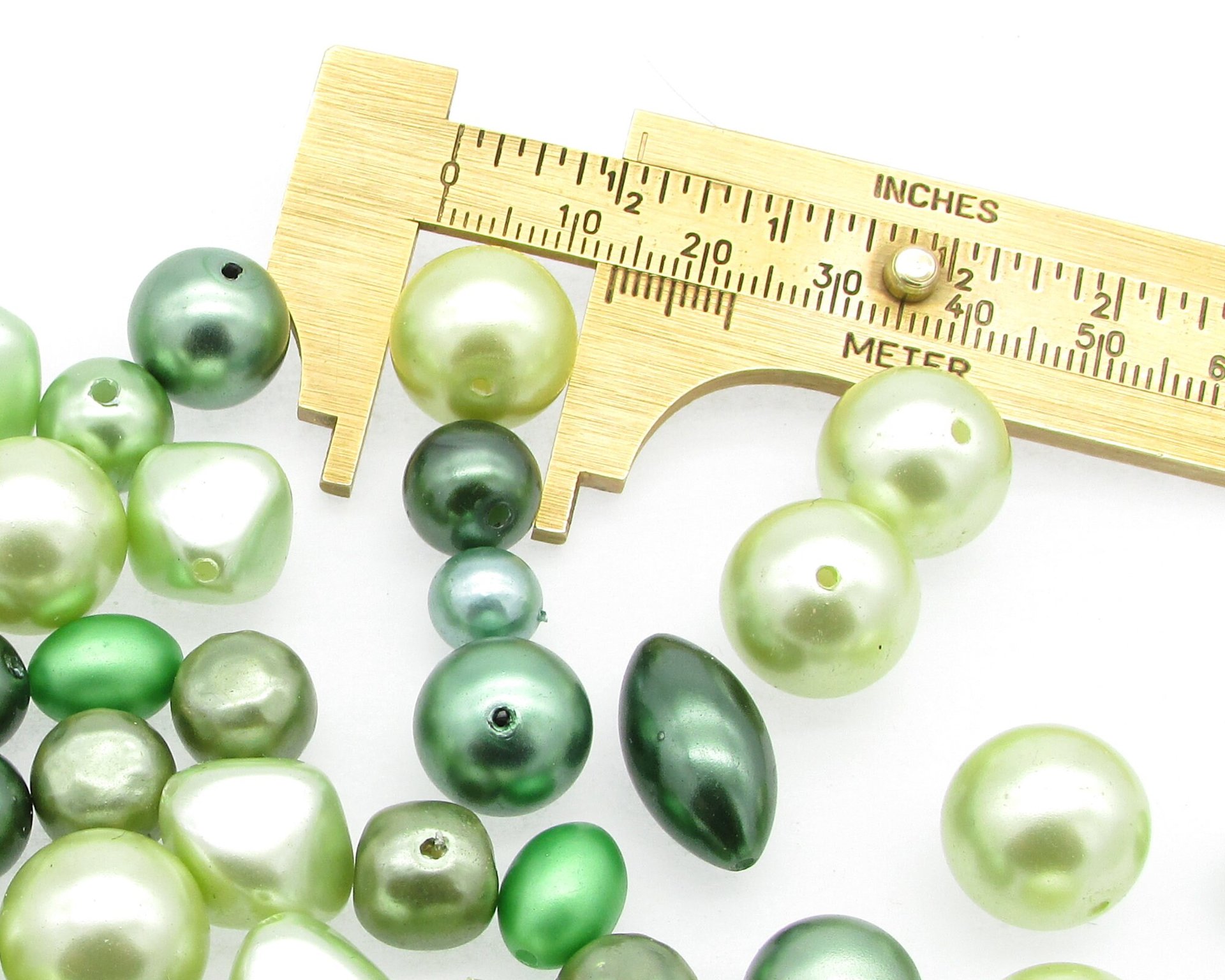 Vintage Bead Mix, Opaque Green Faux Pearls, 8mm-15mm Assorted Shapes