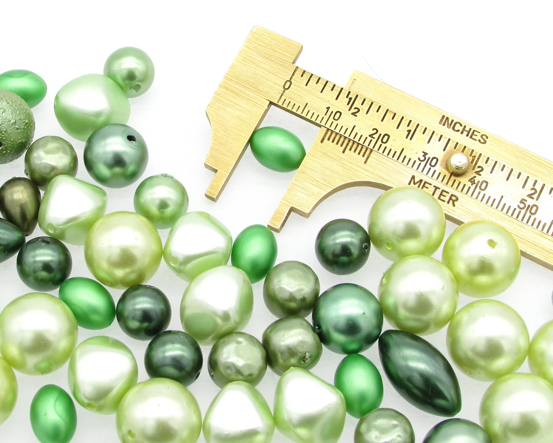 Vintage Bead Mix, Opaque Green Faux Pearls, 8mm-15mm Assorted Shapes