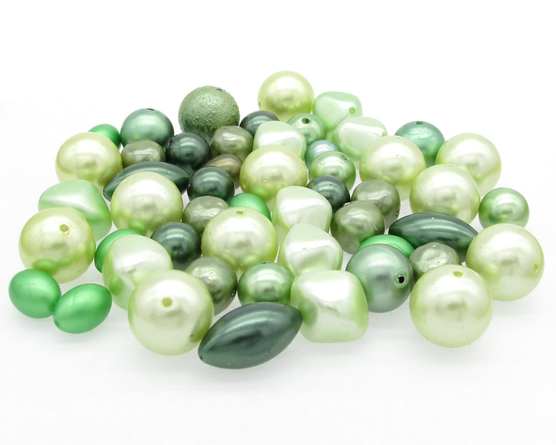 Vintage Bead Mix, Opaque Green Faux Pearls, 8mm-15mm Assorted Shapes