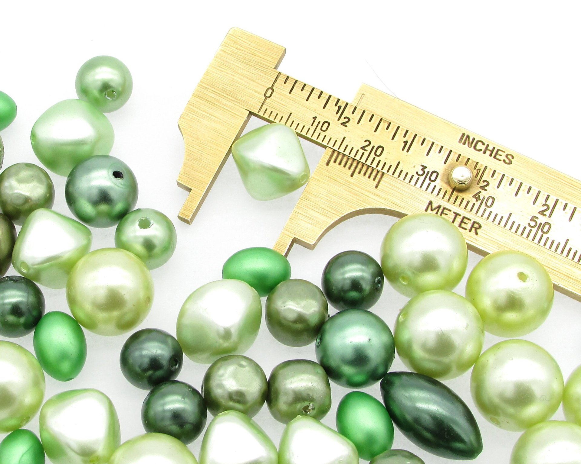 Vintage Bead Mix, Opaque Green Faux Pearls, 8mm-15mm Assorted Shapes