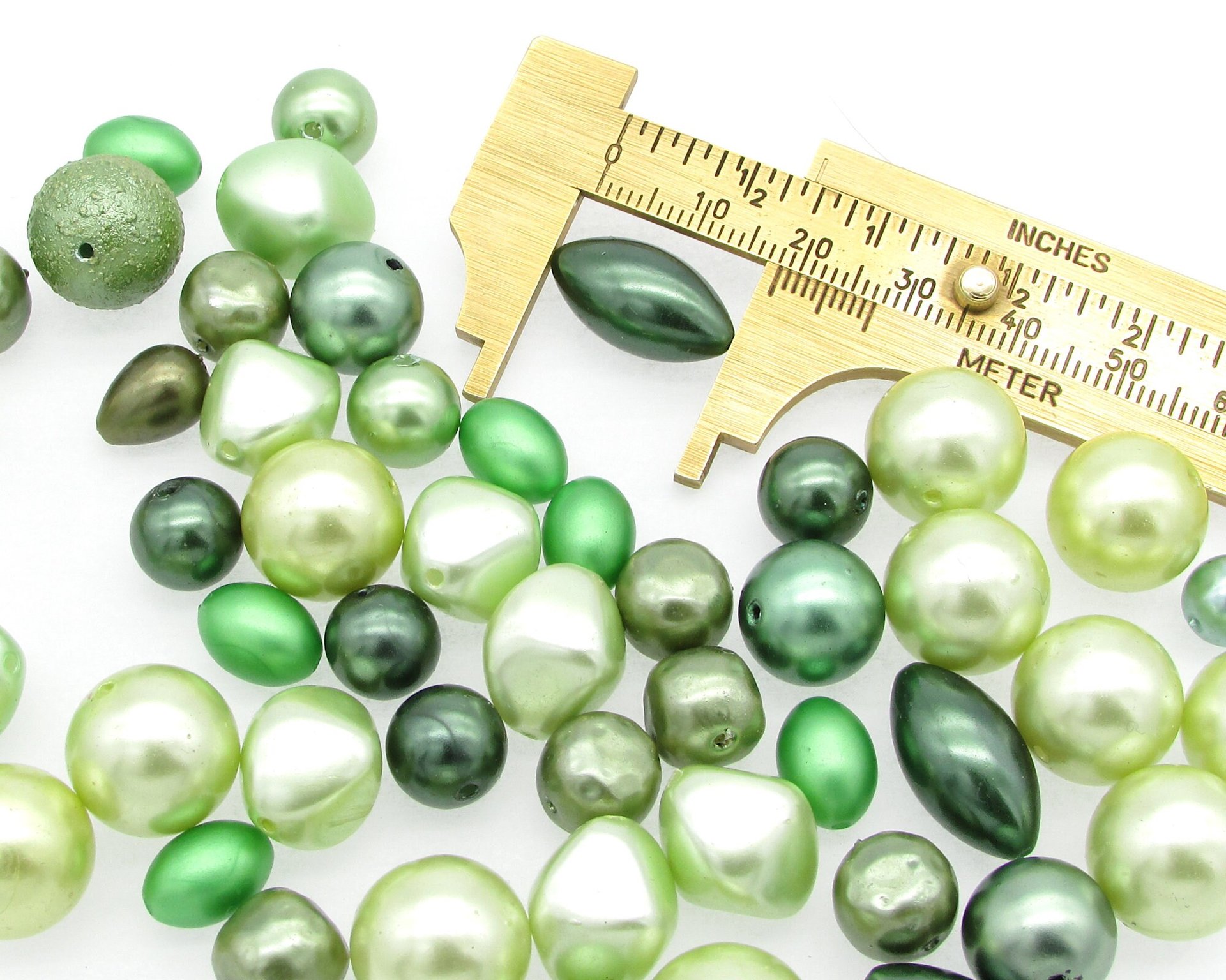 Vintage Bead Mix, Opaque Green Faux Pearls, 8mm-15mm Assorted Shapes