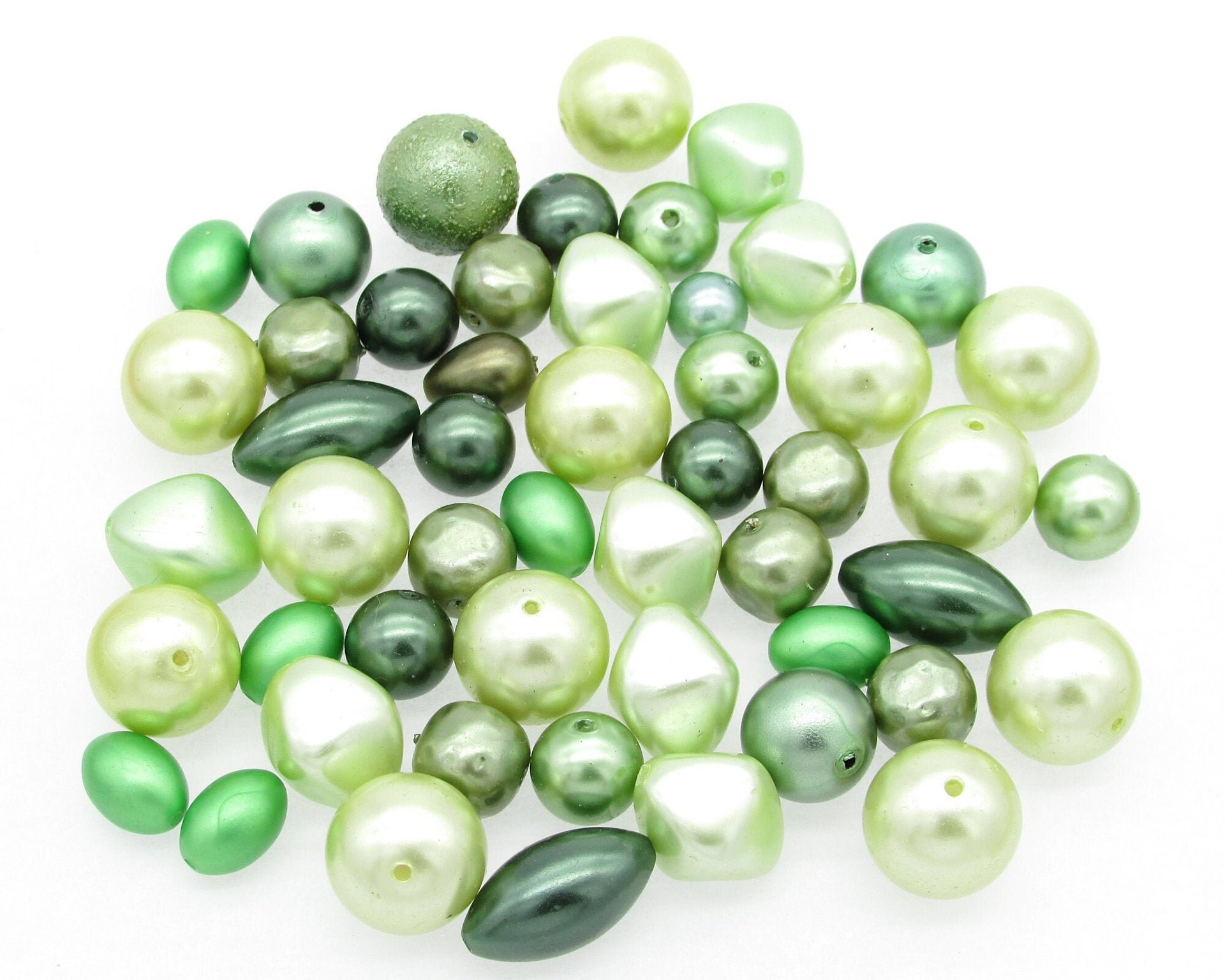 Vintage Bead Mix, Opaque Green Faux Pearls, 8mm-15mm Assorted Shapes