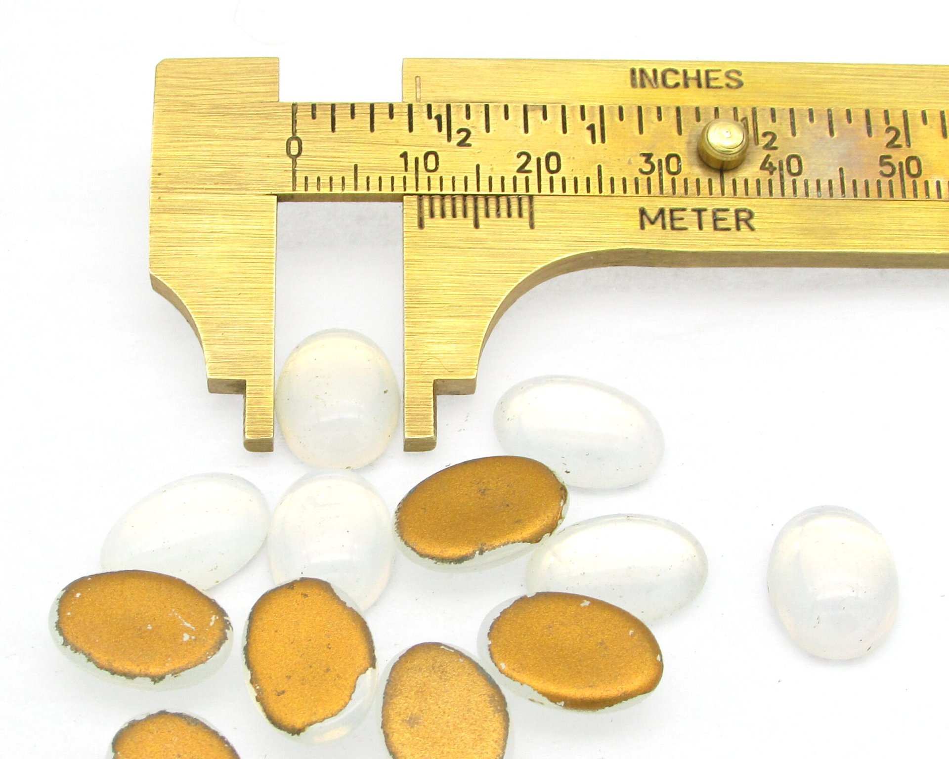 14x10mm Oval Glass Cabochons, Vintage Opaline White Foiled Flat Back Stones