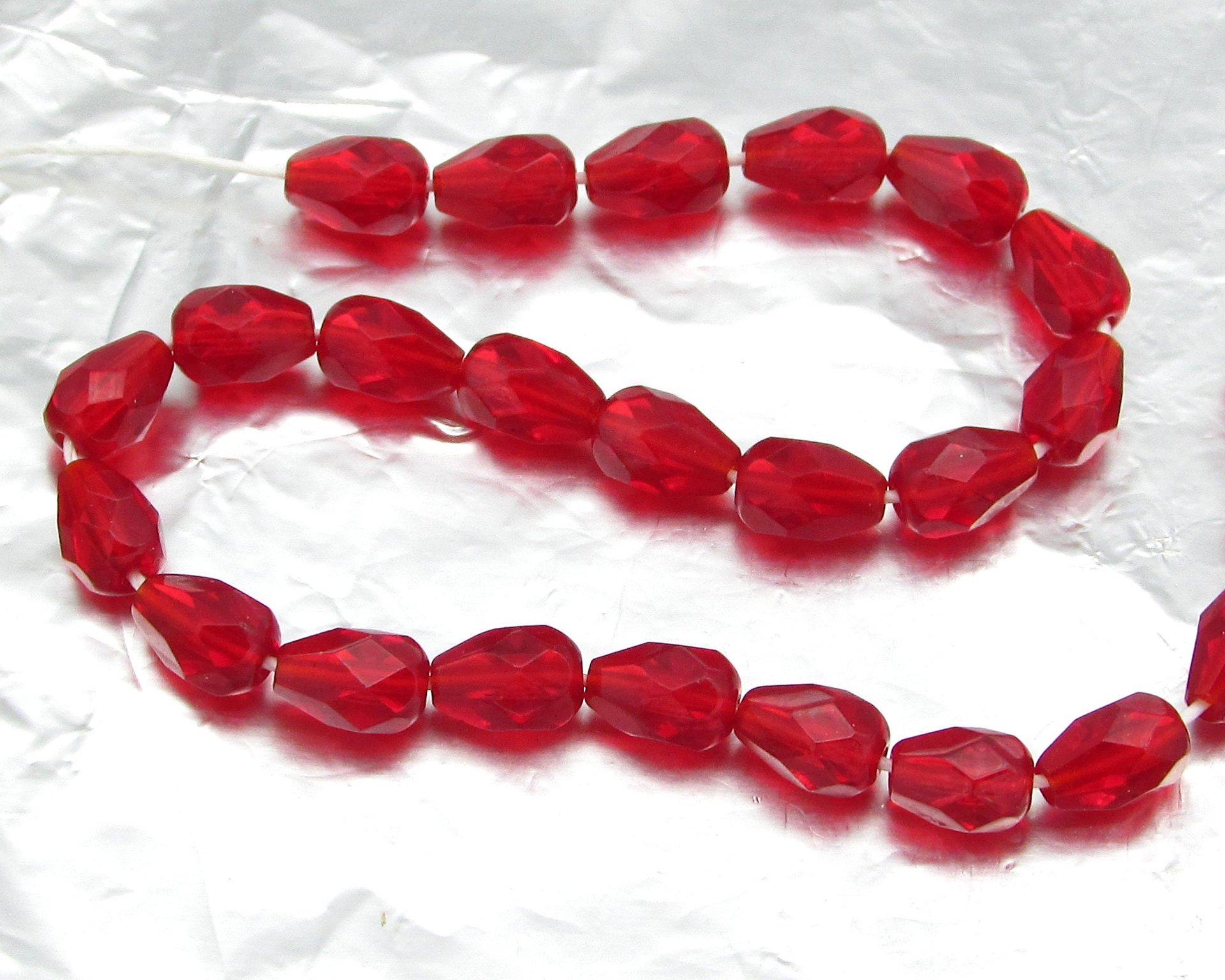 Siam Ruby 7x5mm Pear Beads, Red Czech Fire Polished Glass Faceted Teardrops