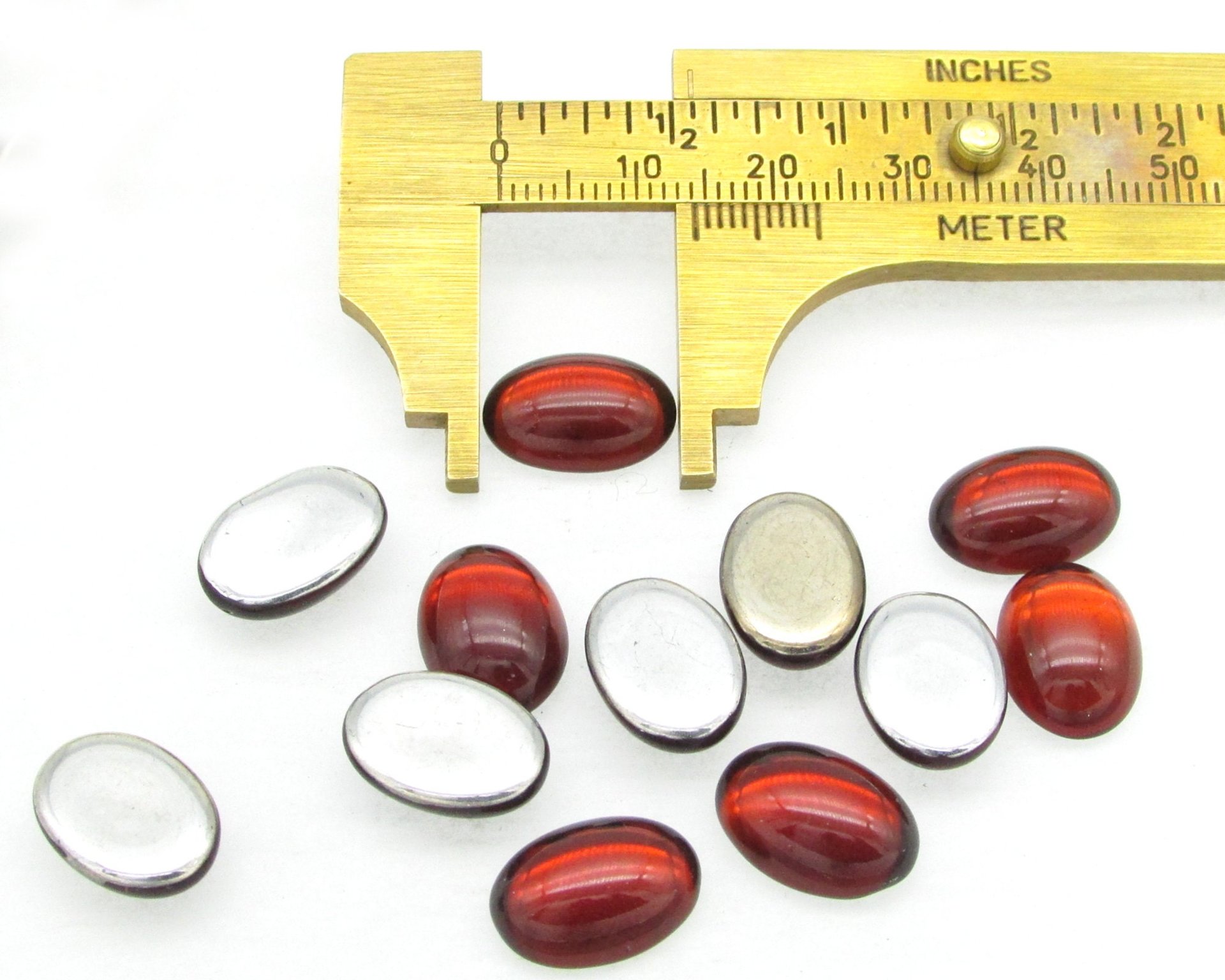 14x10mm Oval Glass Cabochons, Vintage Ruby Red Foiled Flat Back Stones