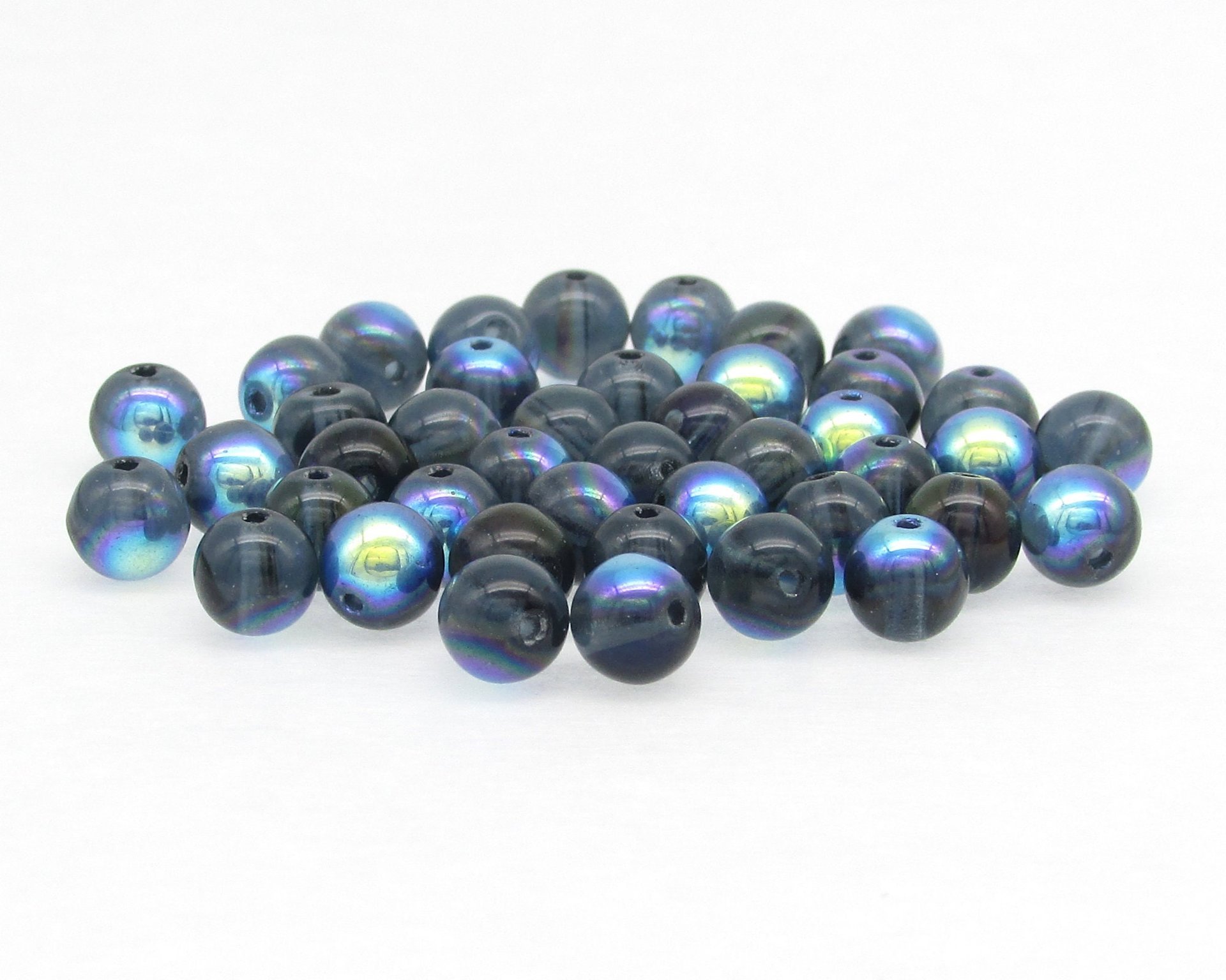 6mm Smooth Round Beads, Blue Czech Pressed Glass Spacers