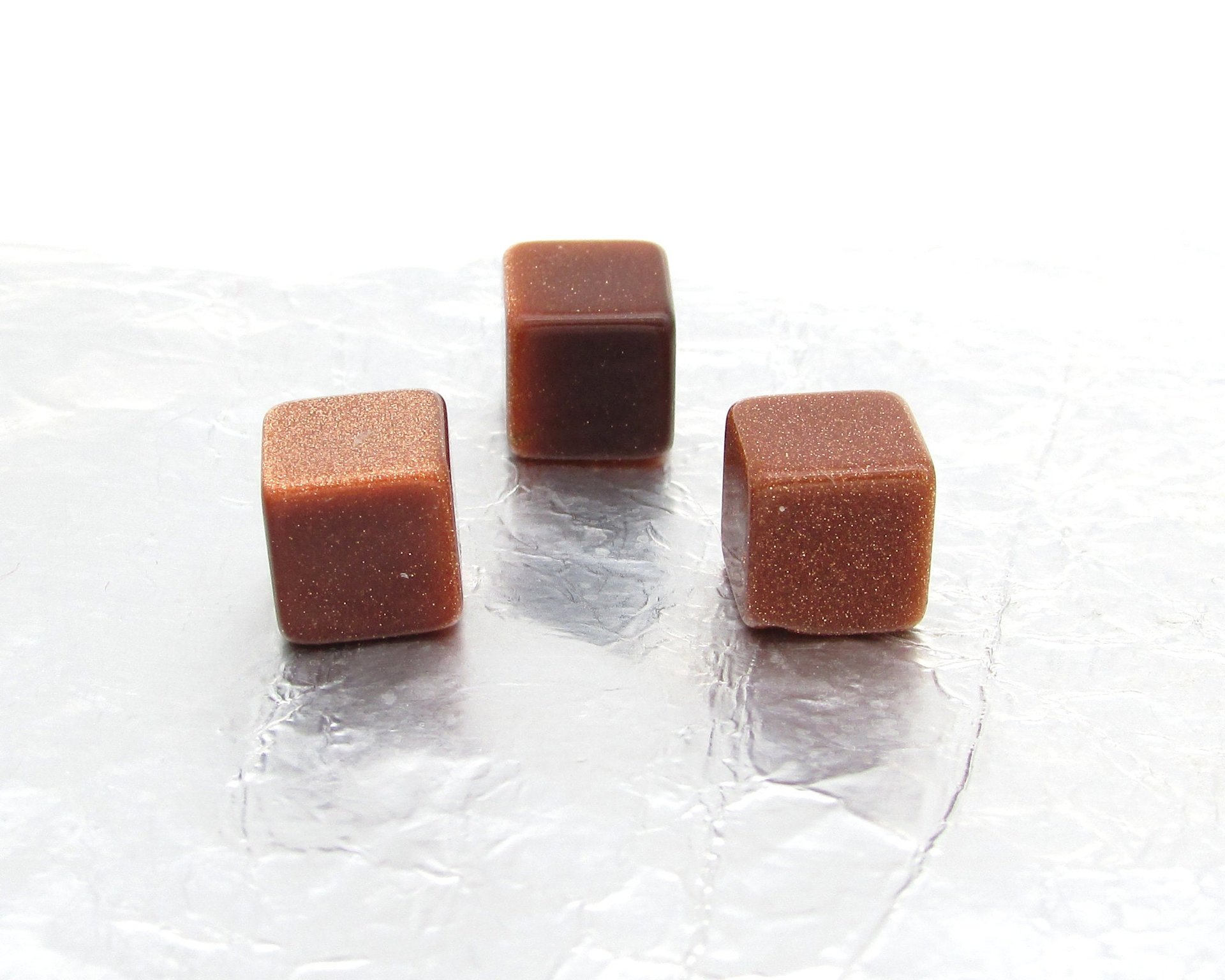 8mm Goldstone Cubes, Vintage Aventurine Glass Cabochons, Undrilled Beads (3)