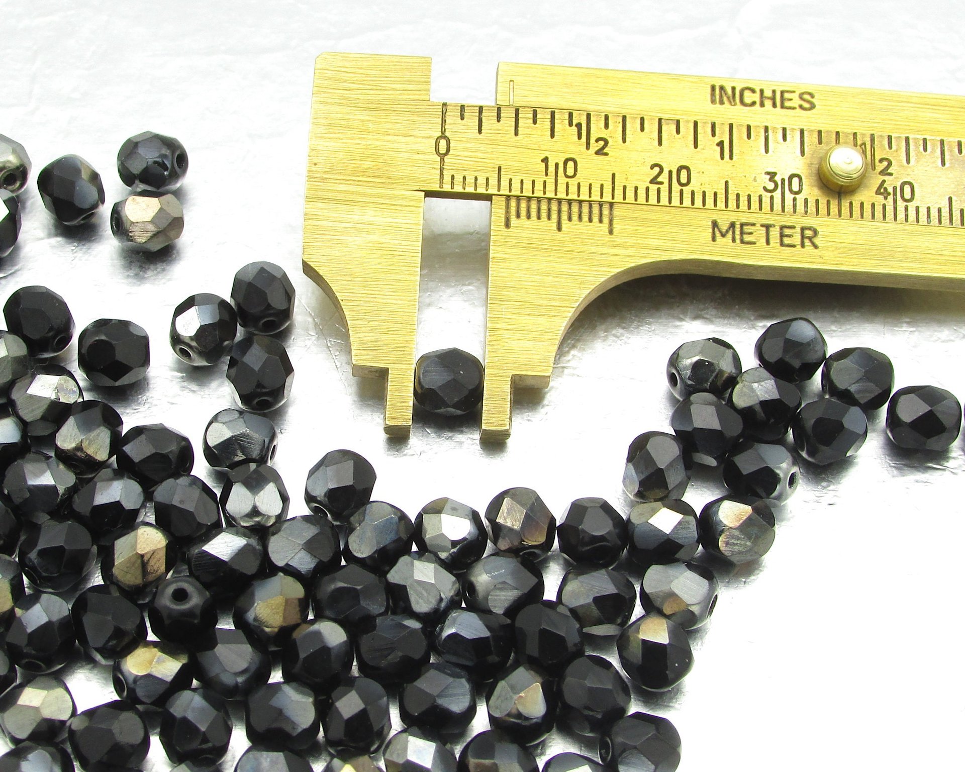 6mm Faceted Rounds, Jet Valentinite Half-Coat Czech Fire Polished Glass Beads (100)