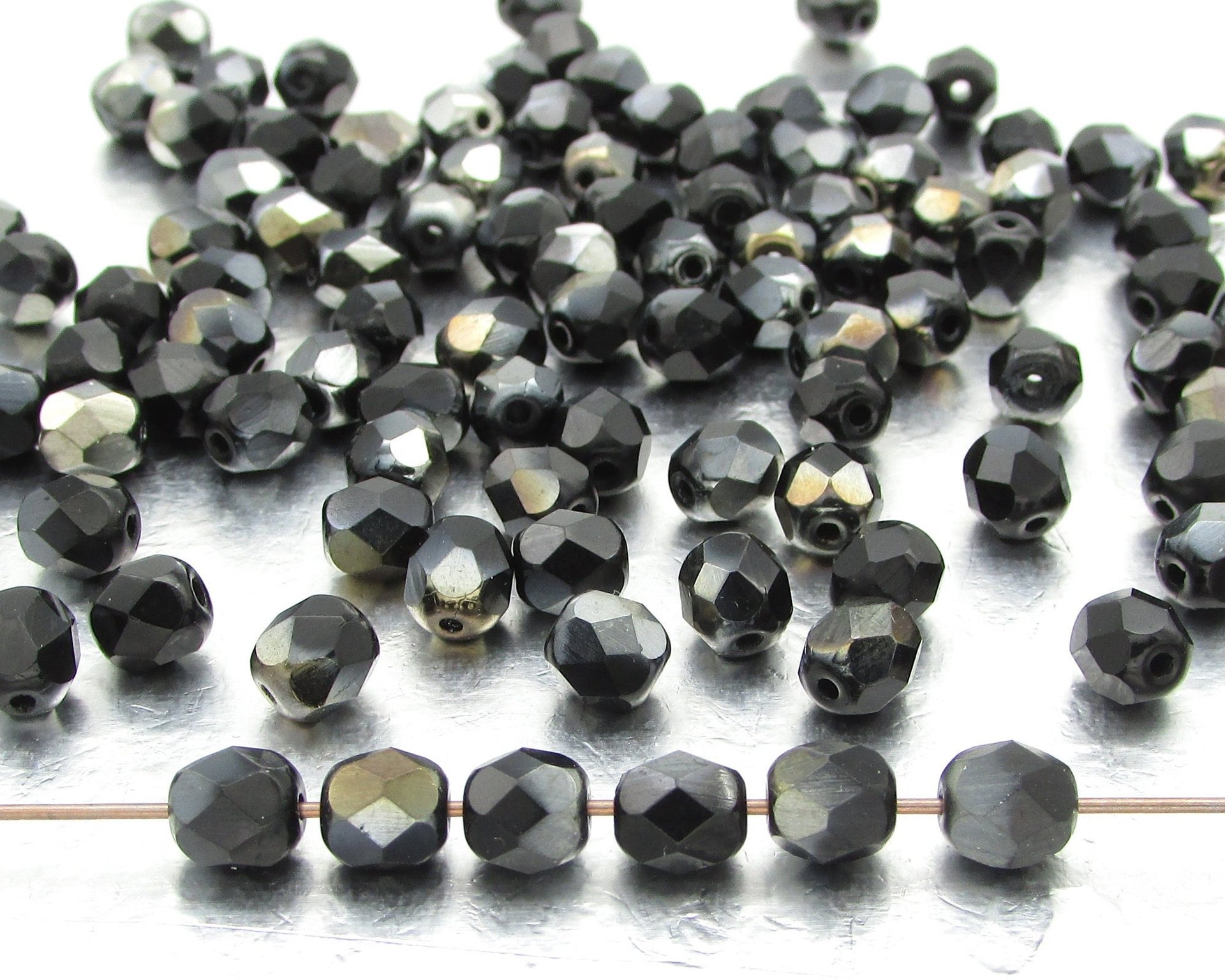 6mm Faceted Rounds, Jet Valentinite Half-Coat Czech Fire Polished Glass Beads (100)