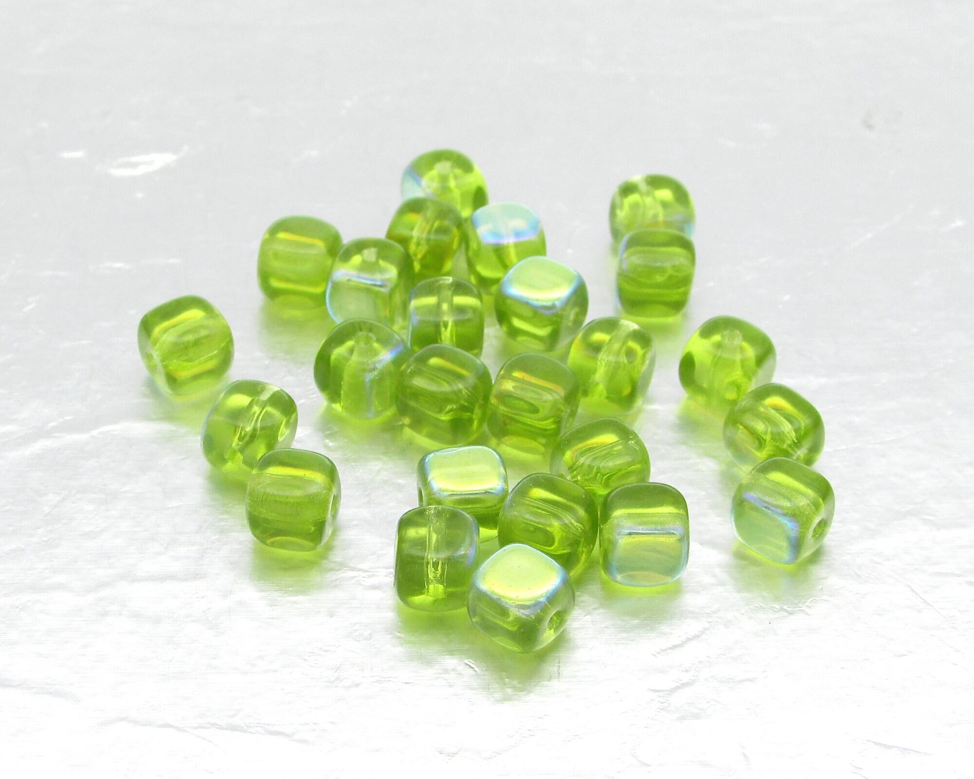 5mm Cube Beads, Olivine AB Small Czech Pressed Glass Spacers