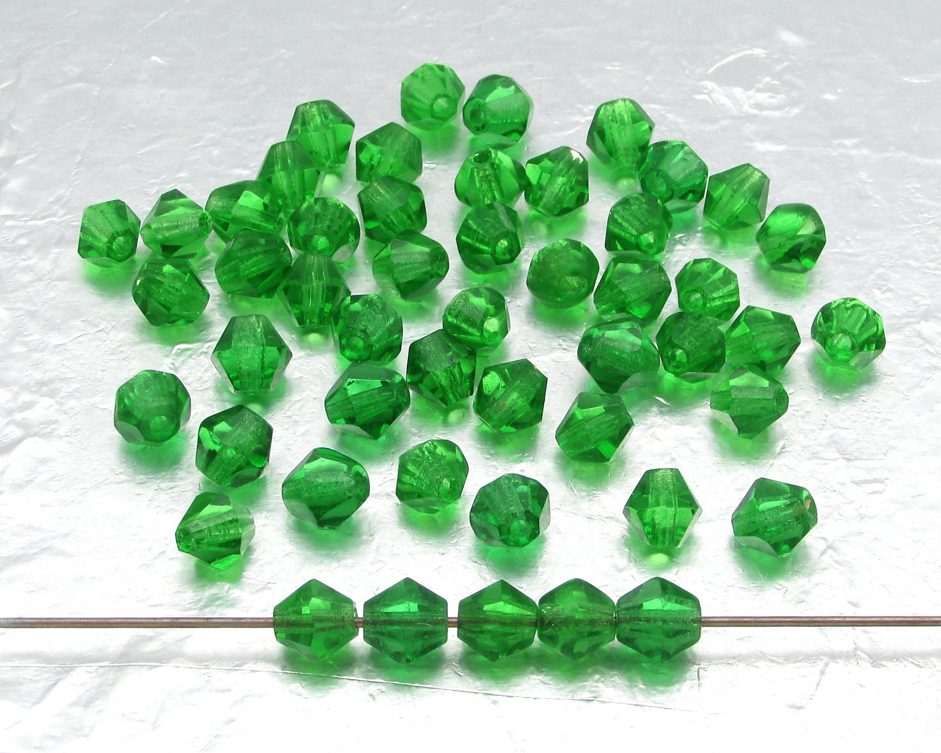 Vintage Bicones, 6mm Emerald Green Faceted Glass Beads