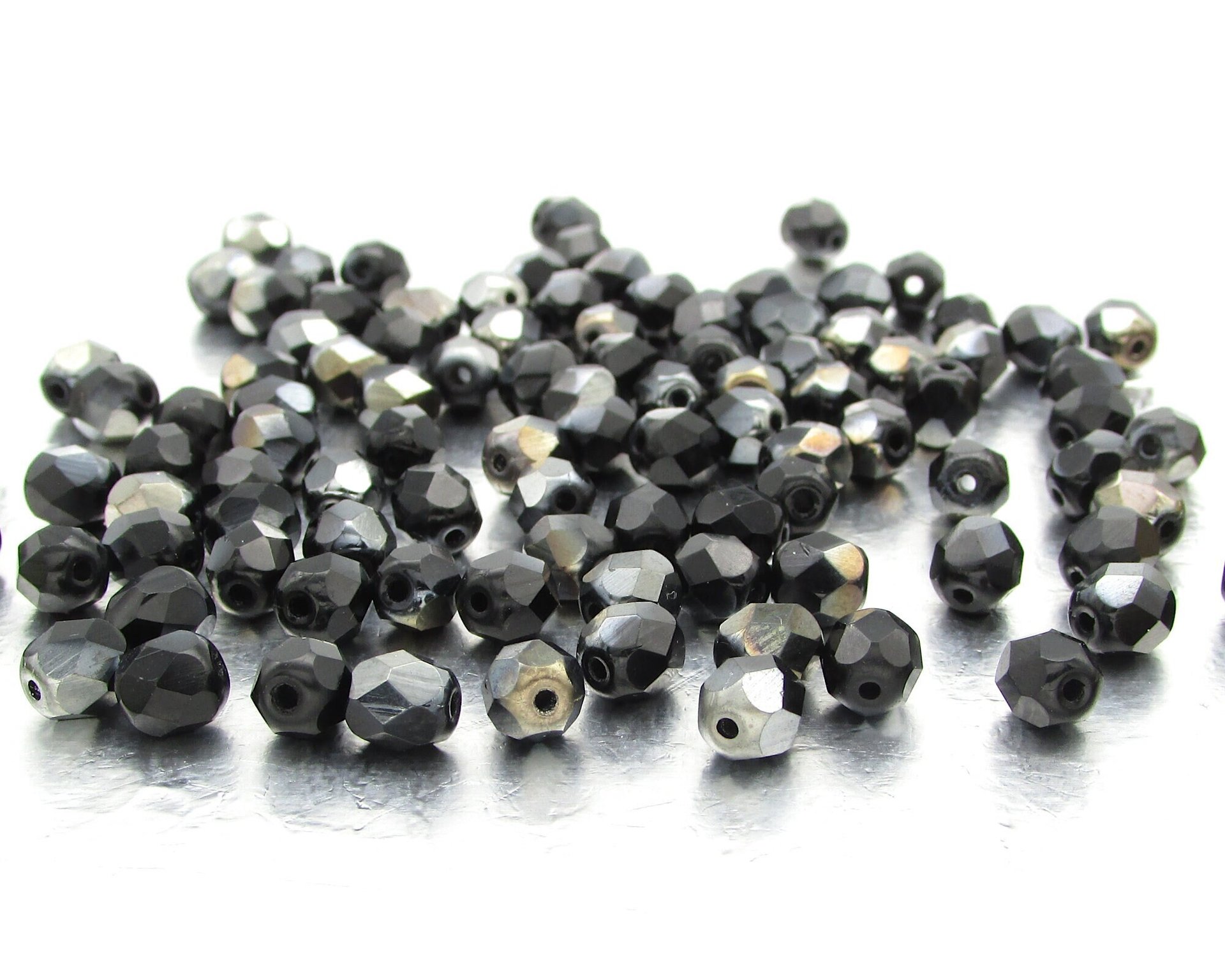 6mm Faceted Rounds, Jet Valentinite Half-Coat Czech Fire Polished Glass Beads (100)