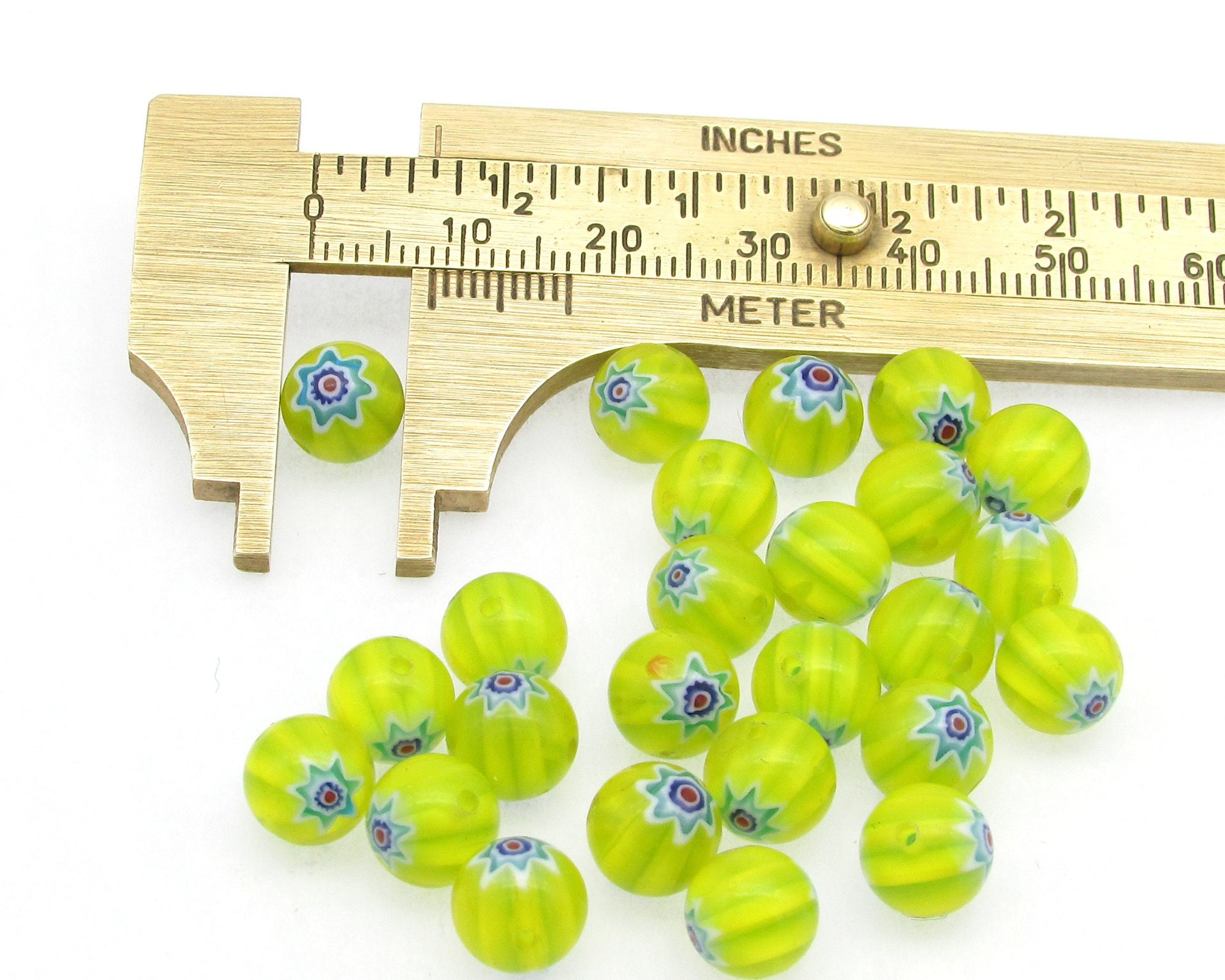 8mm Ball Millefiori Beads, Yellow with Teal (25)