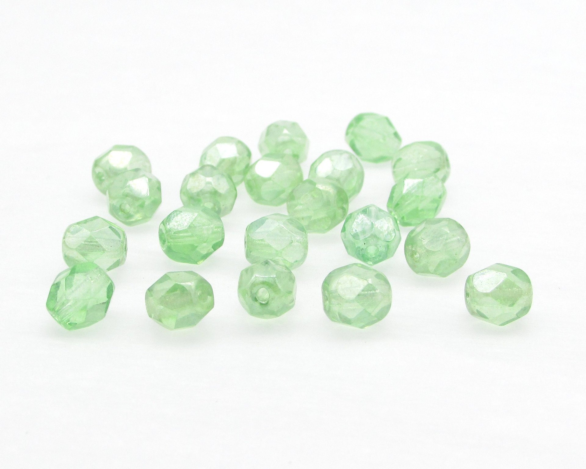 6mm Light Green Faceted Beads, Translucent Peridot AB Iridescent Czech Fire Polished Glass Rounds (25)