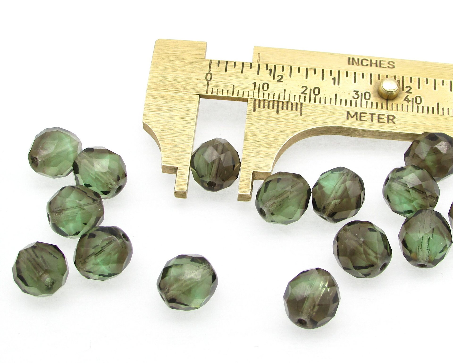 10mm Faceted Beads, Green and Brown Fire Polished Rounds