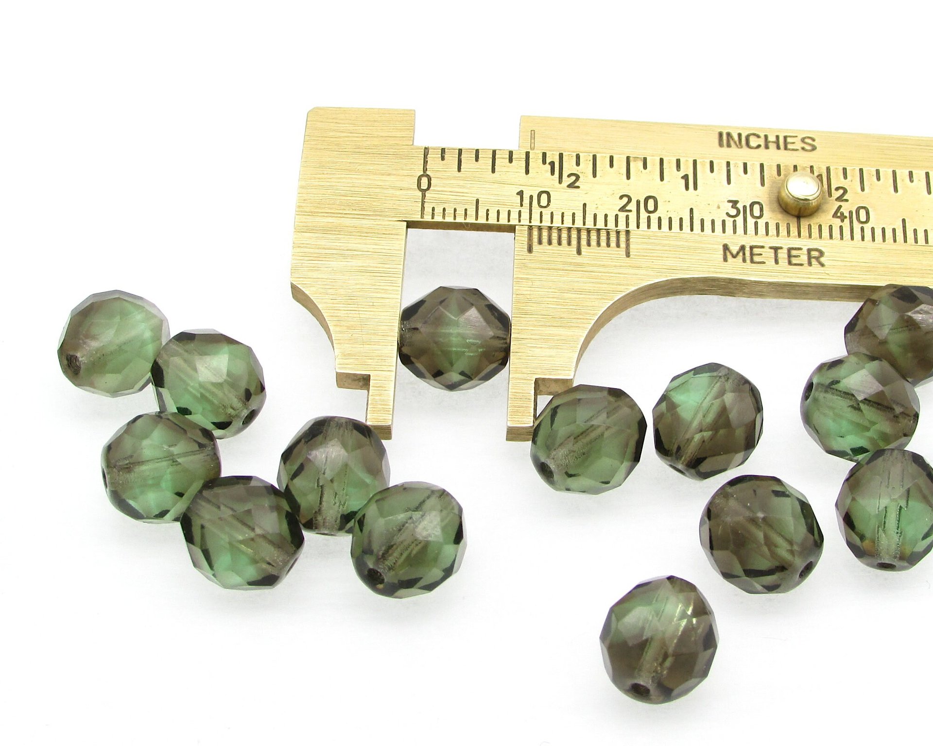 10mm Faceted Beads, Green and Brown Fire Polished Rounds