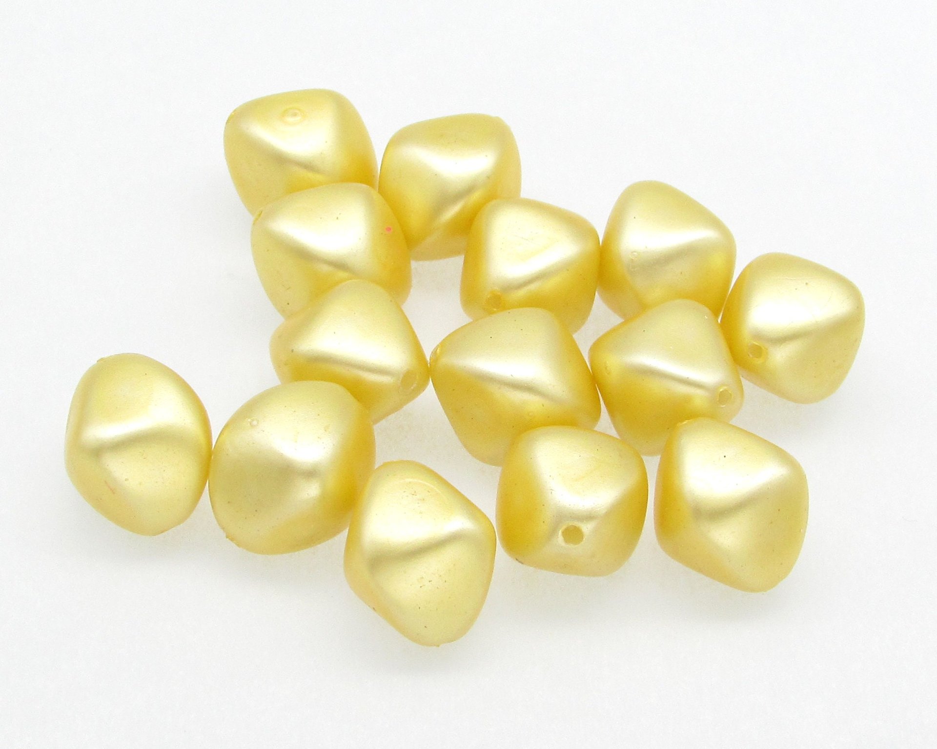 Vintage Faux Pearls, Opaque Yellow Lustre Beads, 15mm Baroque Bicones (14)