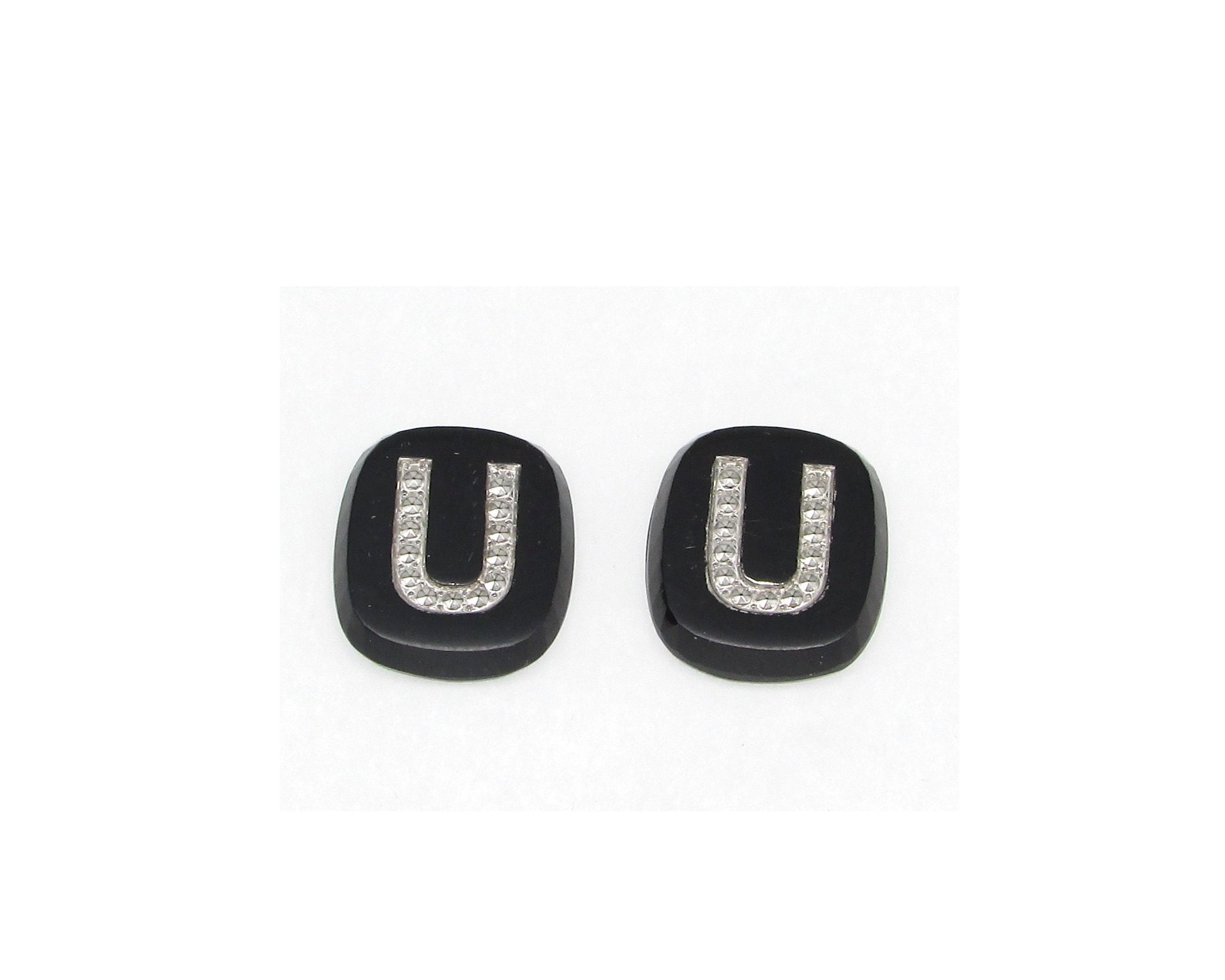 Vintage Initial Cabochon, Black Glass with Marcasite Letter, 16x15mm Flat Rounded Rectangle