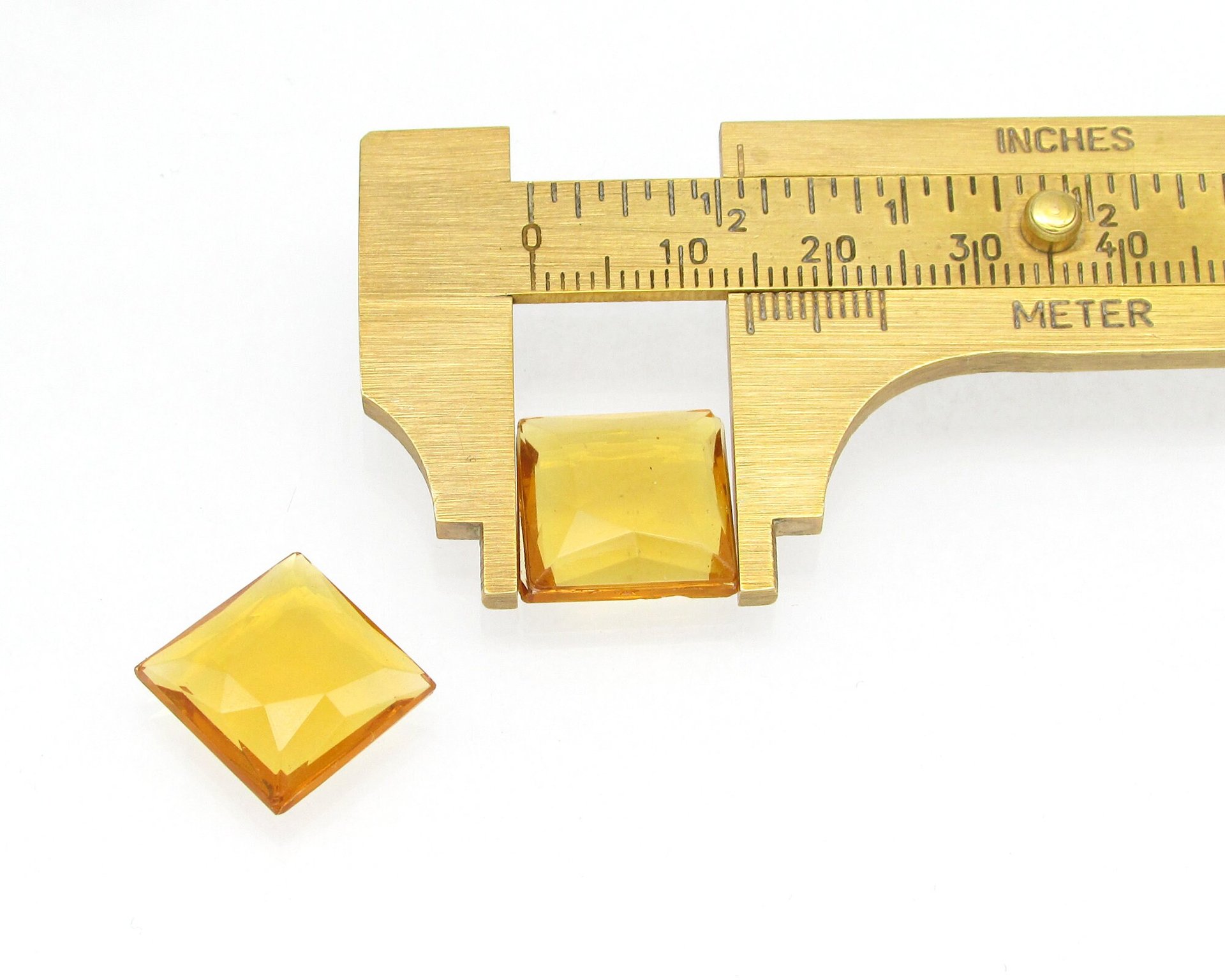 14.5mm Square Rhinestones, Unfoiled Topaz Glass Gems (2)