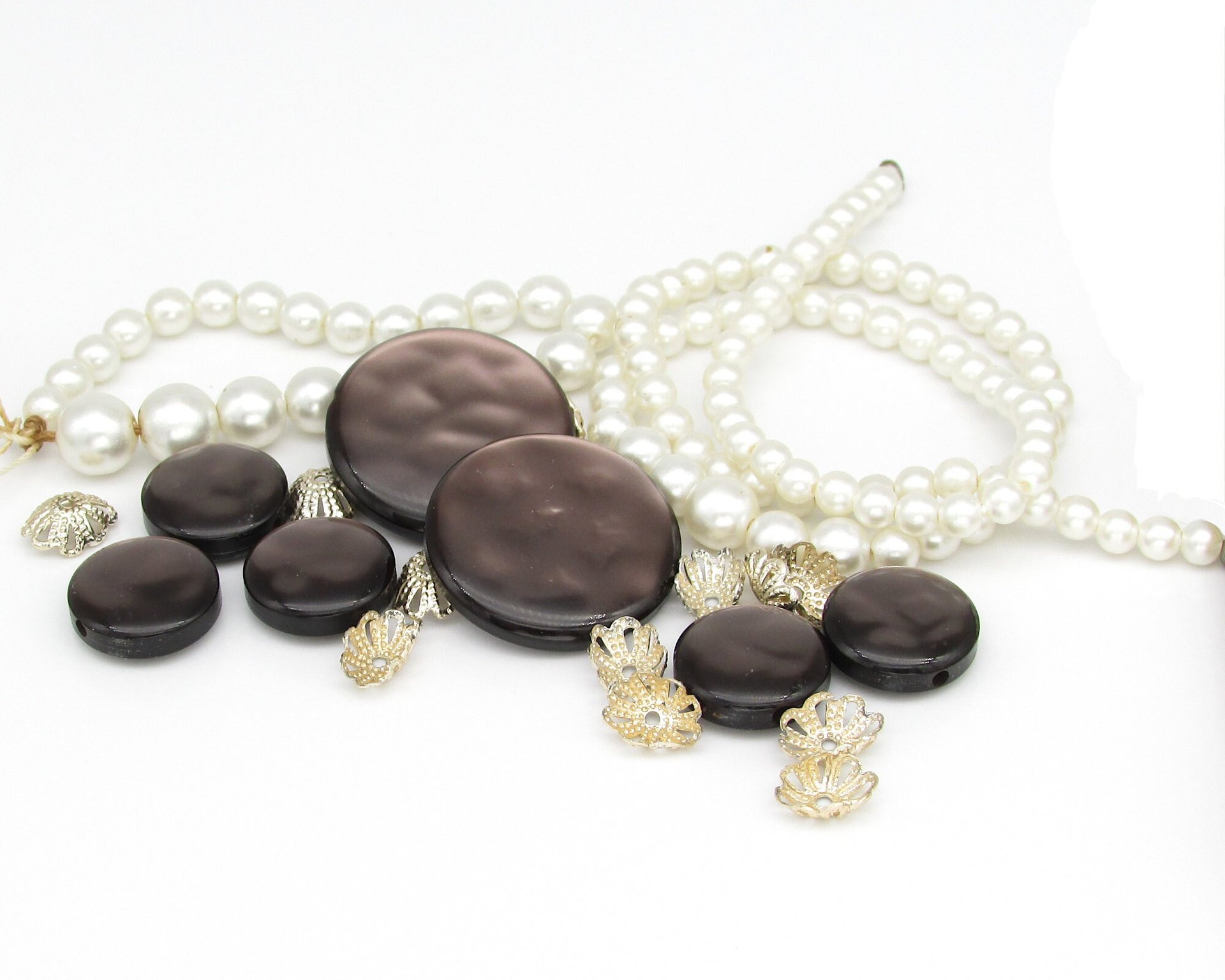 Salvaged Bead Lot, Vintage Faux Pearls and Bead Caps