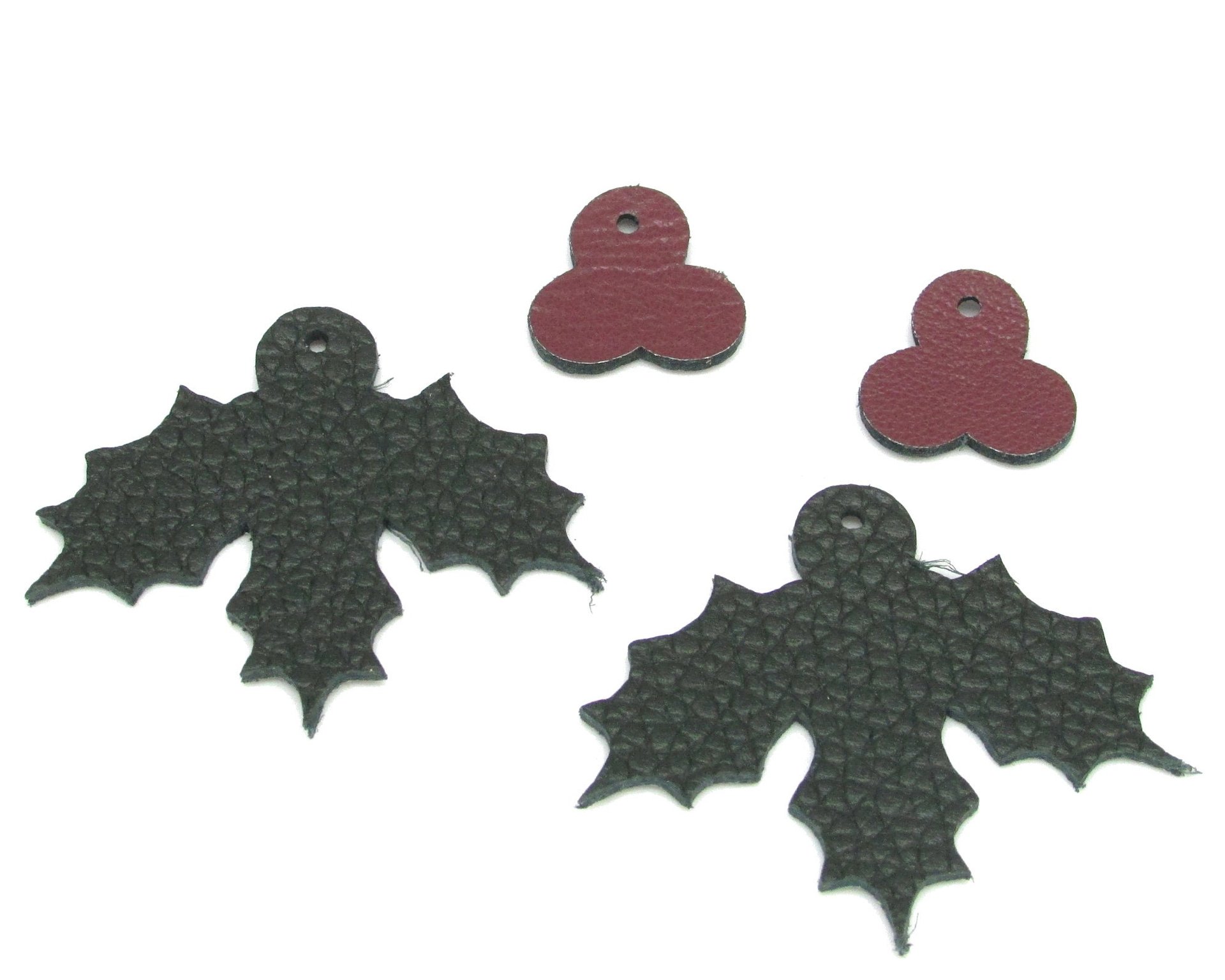 1.5" Holly Leaf and Berry Reversible Leather Cut-Outs for Christmas Jewelry and Decorations