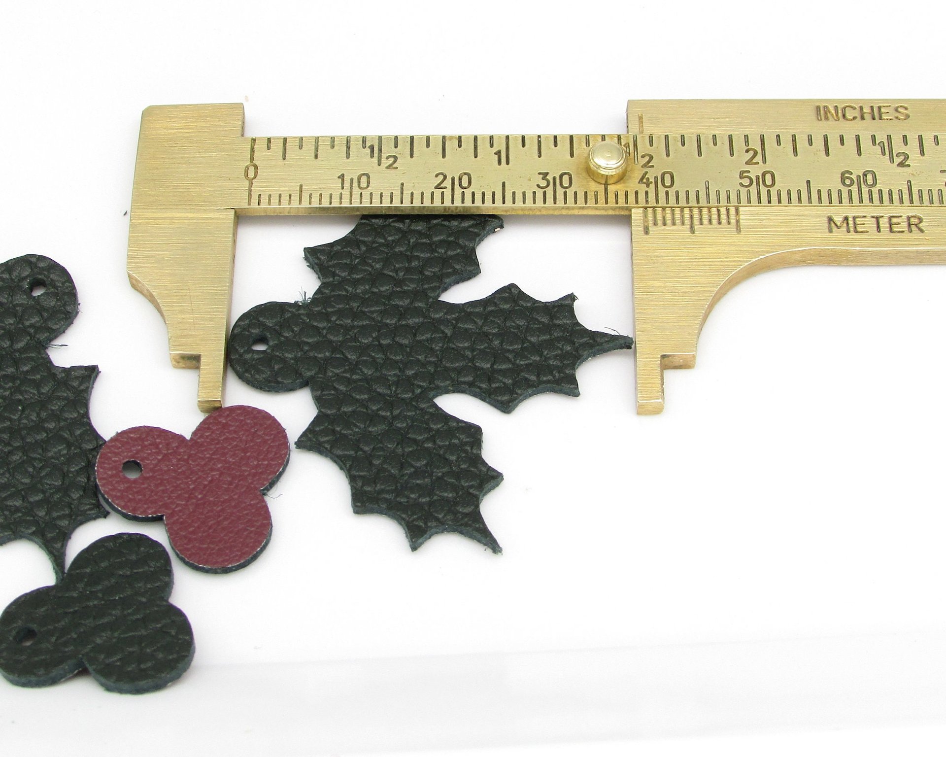 1.5" Holly Leaf and Berry Reversible Leather Cut-Outs for Christmas Jewelry and Decorations