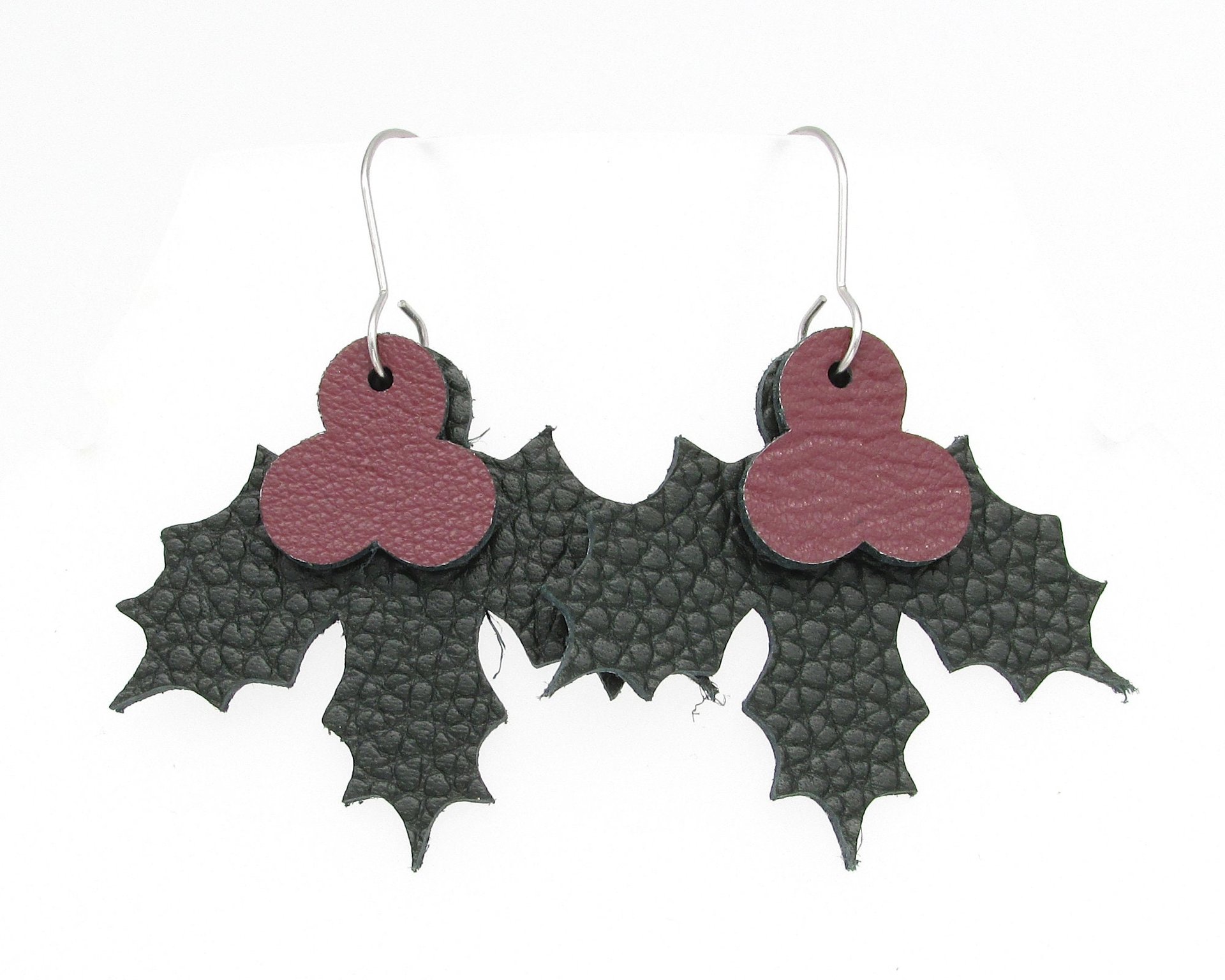 1.5" Holly Leaf and Berry Reversible Leather Cut-Outs for Christmas Jewelry and Decorations