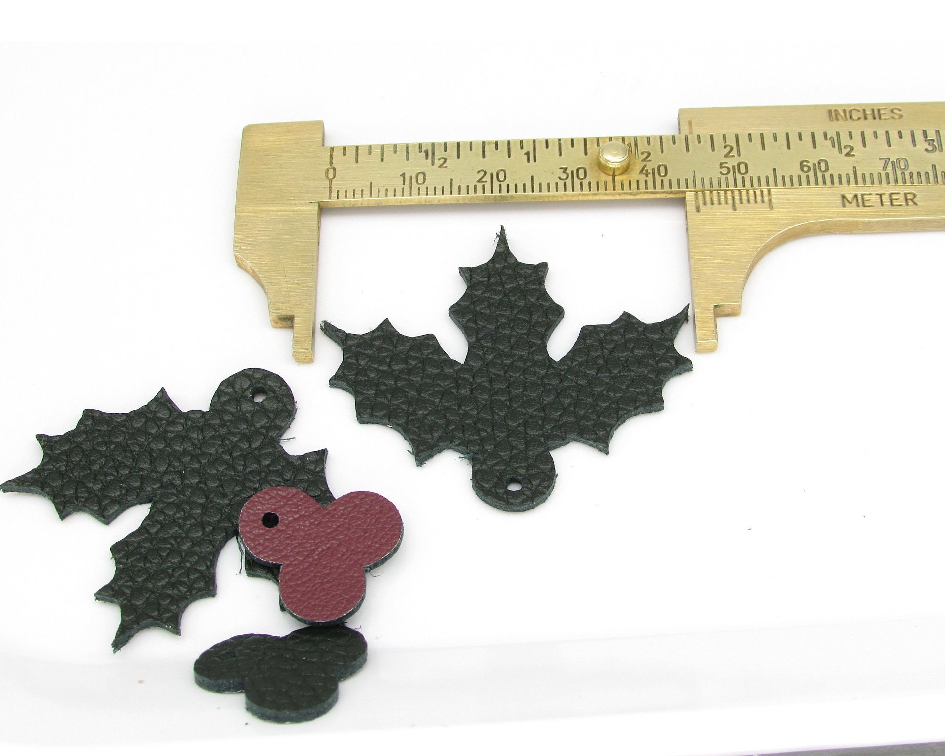 1.5" Holly Leaf and Berry Reversible Leather Cut-Outs for Christmas Jewelry and Decorations