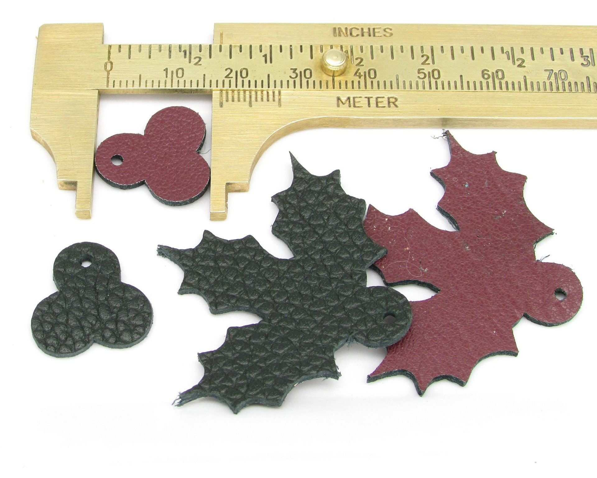 1.5" Holly Leaf and Berry Reversible Leather Cut-Outs for Christmas Jewelry and Decorations