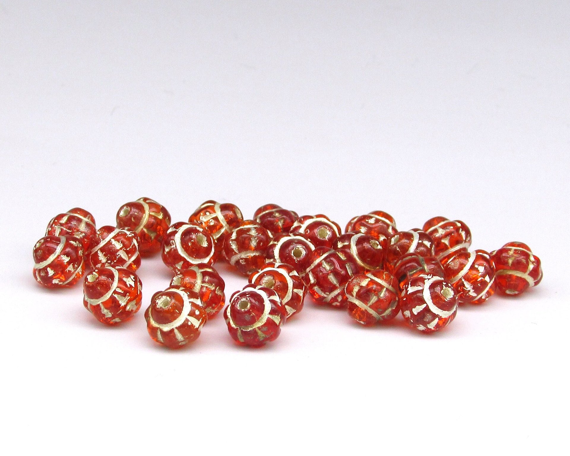 Vintage 8mm Saturn Beads, Orange with Silver Wash, Czech Pressed Glass (25)