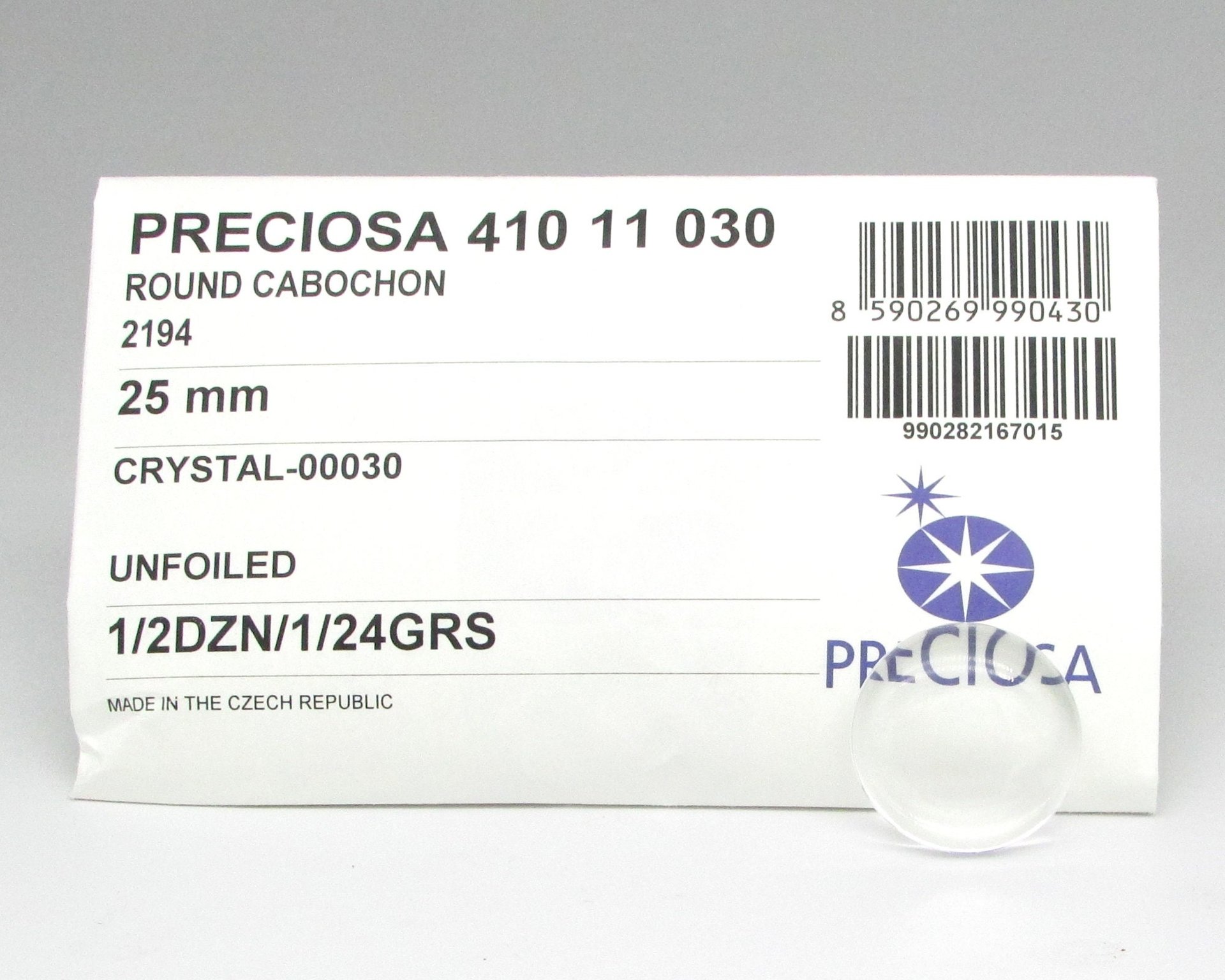 25mm Round Cabochons, Crystal Clear Czech Glass Stones (6)