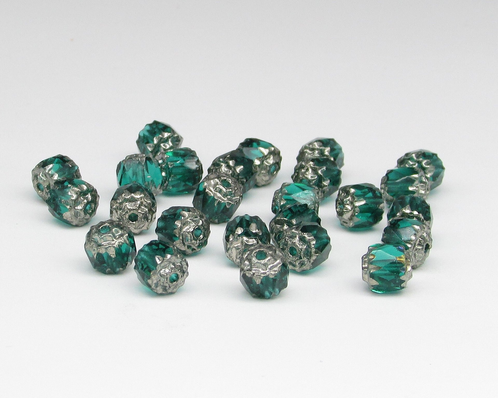 6mm Faceted Cathedral Beads, Translucent Emerald Green with Silver Etched Crowns, Czech Fire Polished Barrels