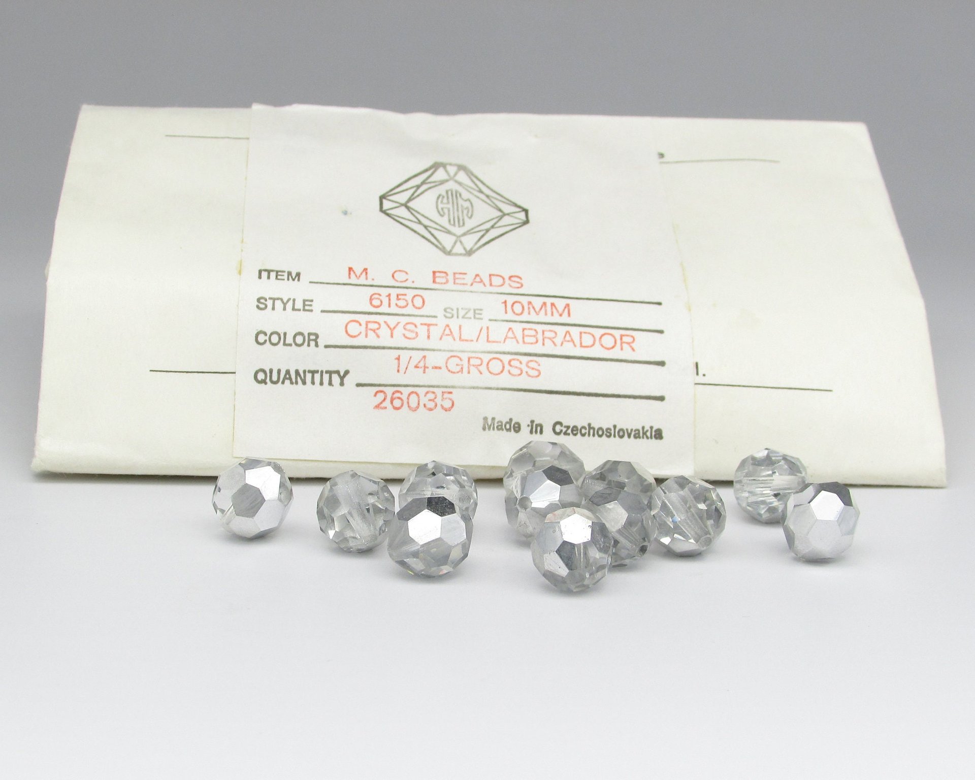 10mm Faceted Round Vintage Machine Cut Beads, Crystal Labrador