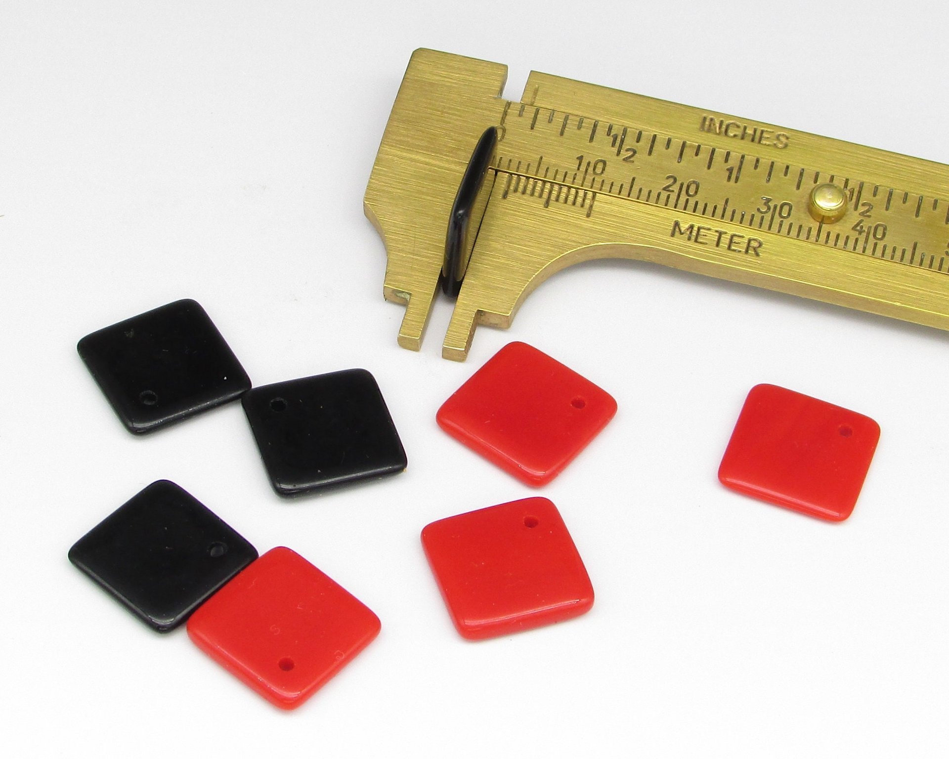 Vintage Glass Pendant Beads, Opaque Red 14mm Square with Offset Hole