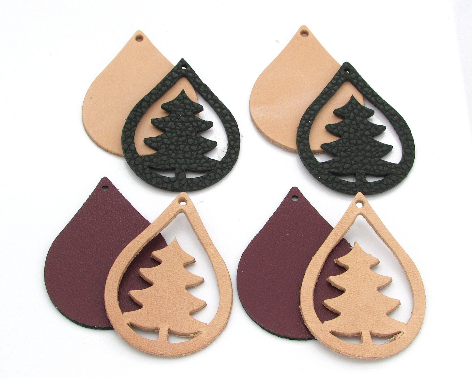 2" Large Teardrops with Pine Tree Cut-Outs, Top Grain Leather Shapes for Layered Christmas Pendants
