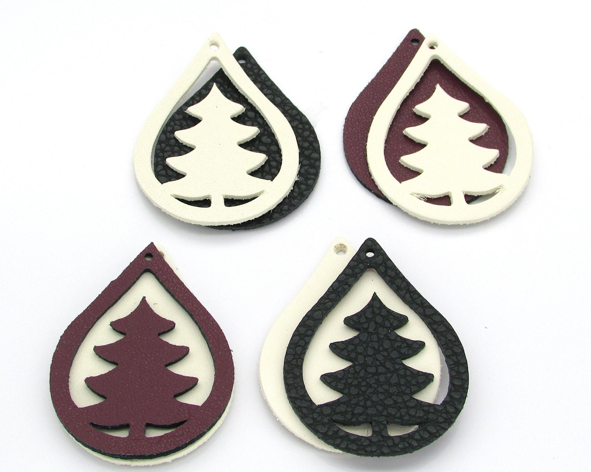 2" Large Teardrops with Pine Tree Cut-Outs, Top Grain Leather Shapes for Layered Christmas Pendants