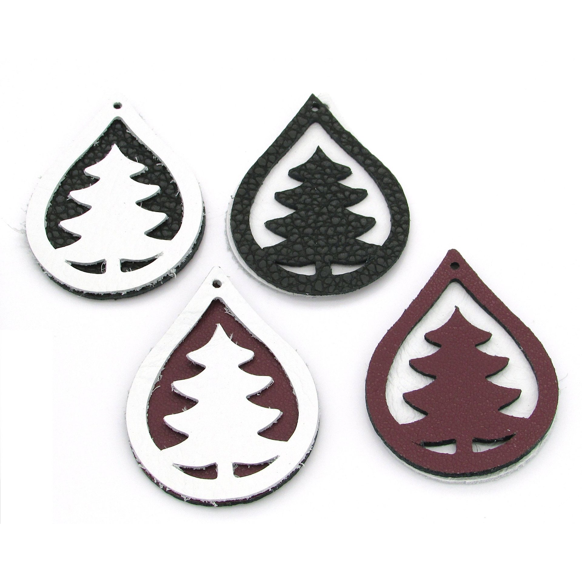 2" Large Teardrops with Pine Tree Cut-Outs, Top Grain Leather Shapes for Layered Christmas Pendants